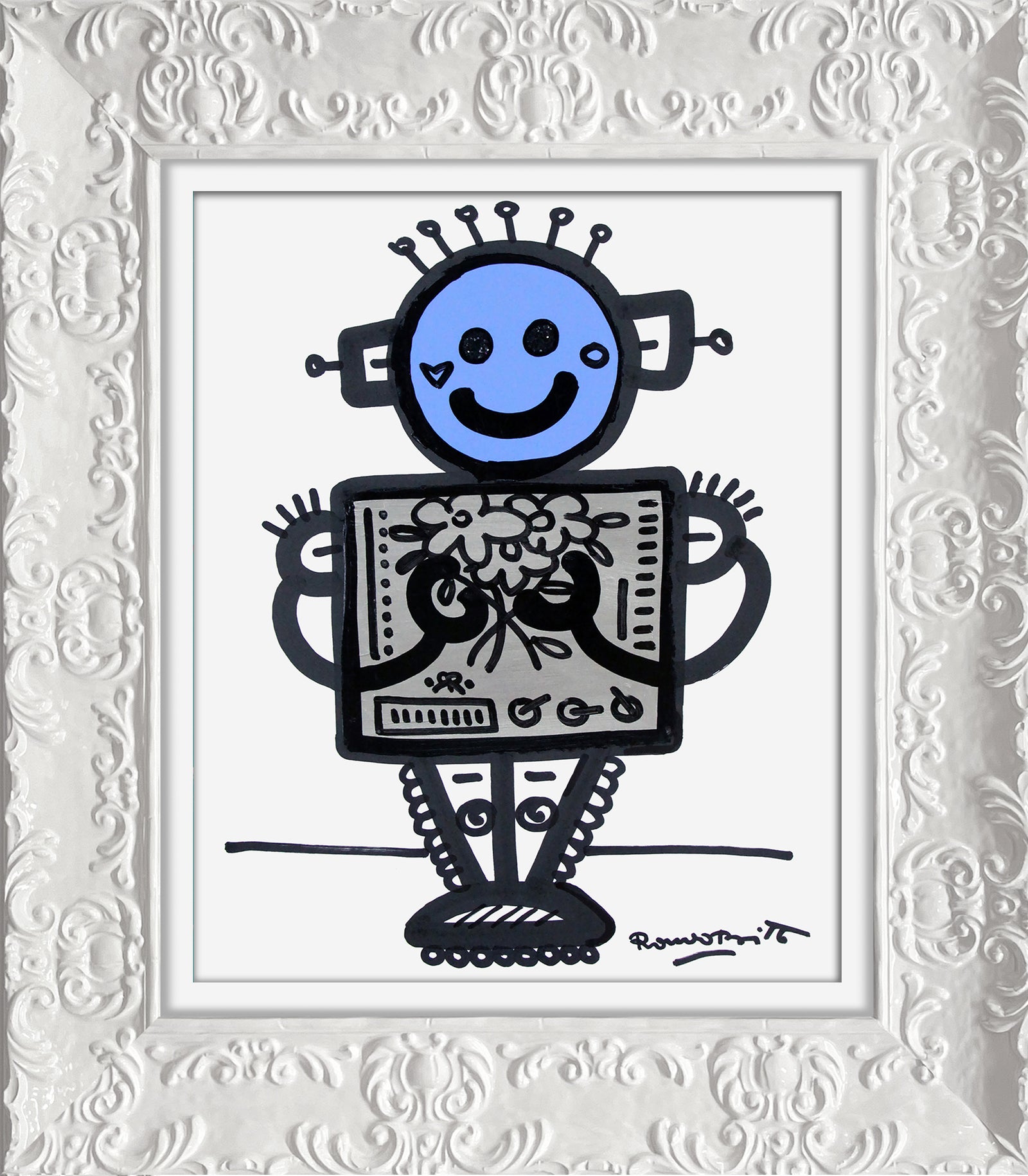 Romero Britto baby blue original drawing colorful pop art design