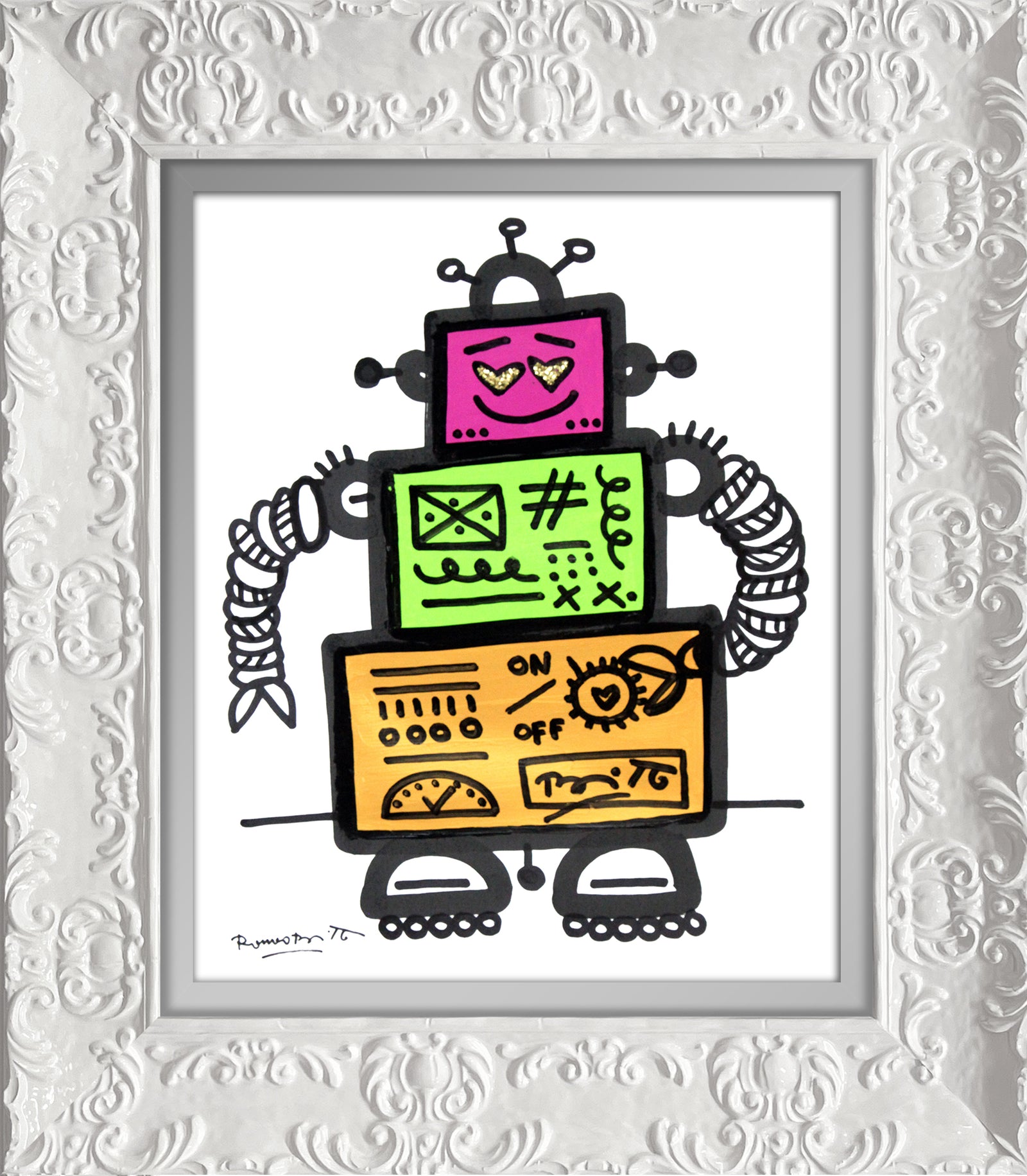 Romero Britto on and off original drawing contemporary pop art piece