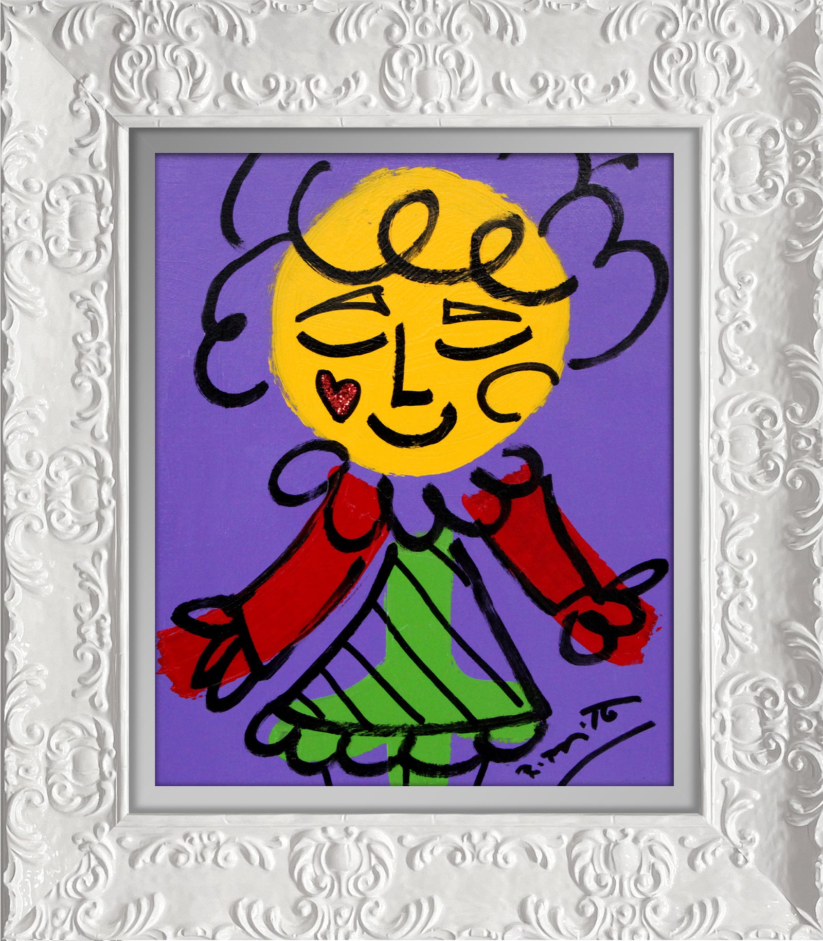 Romero Britto purple girl original drawing contemporary pop art piece