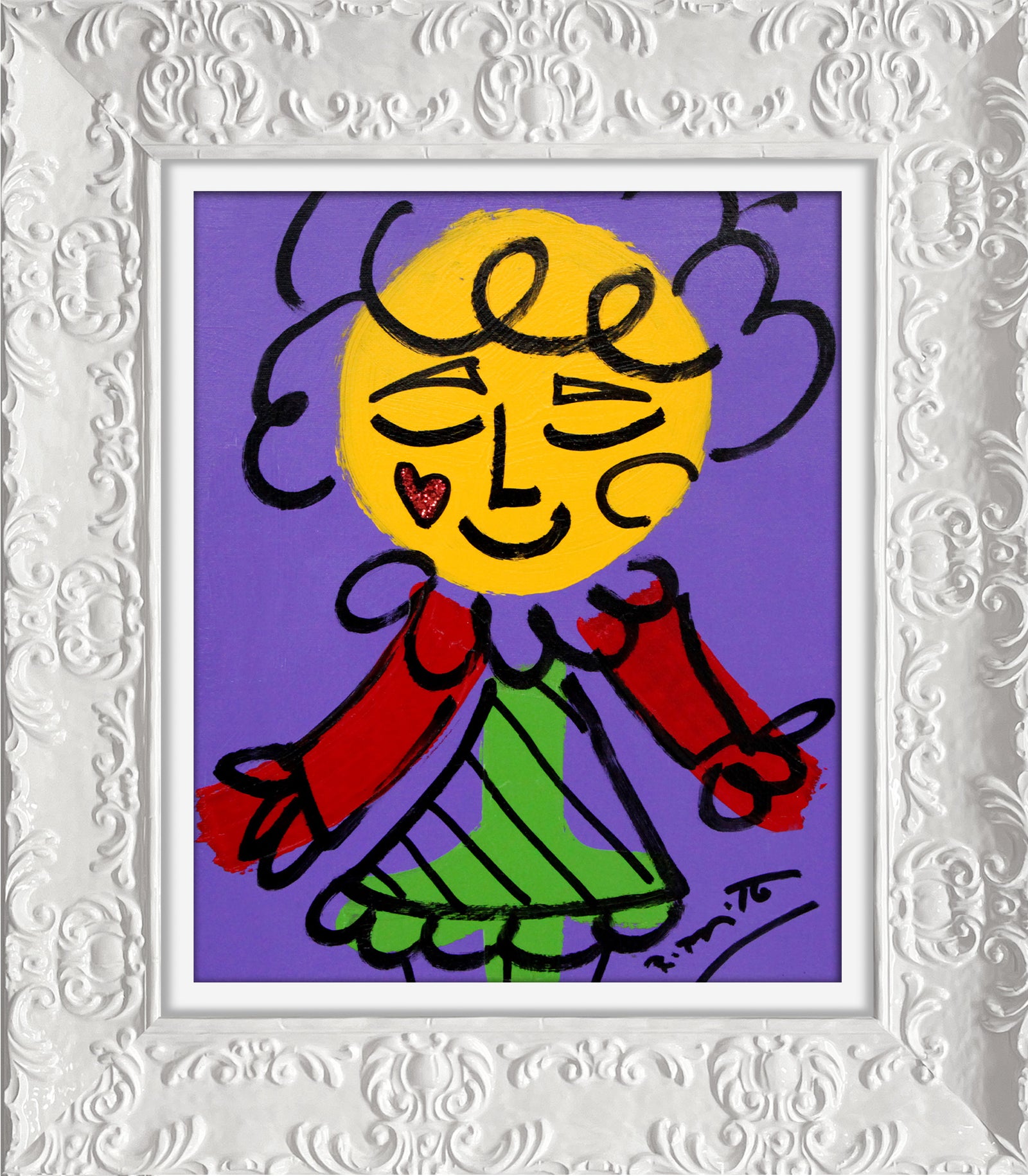 Romero Britto purple girl original drawing colorful pop art design