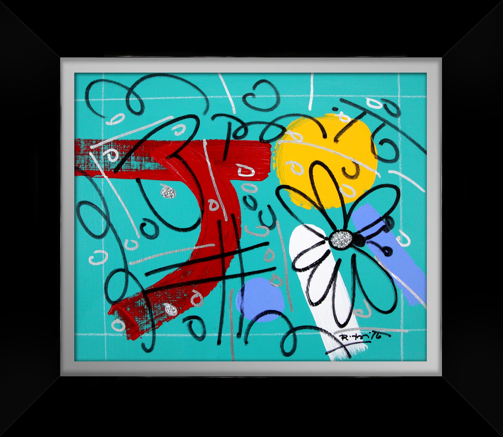 Romero Britto teal garden original drawing colorful pop art design