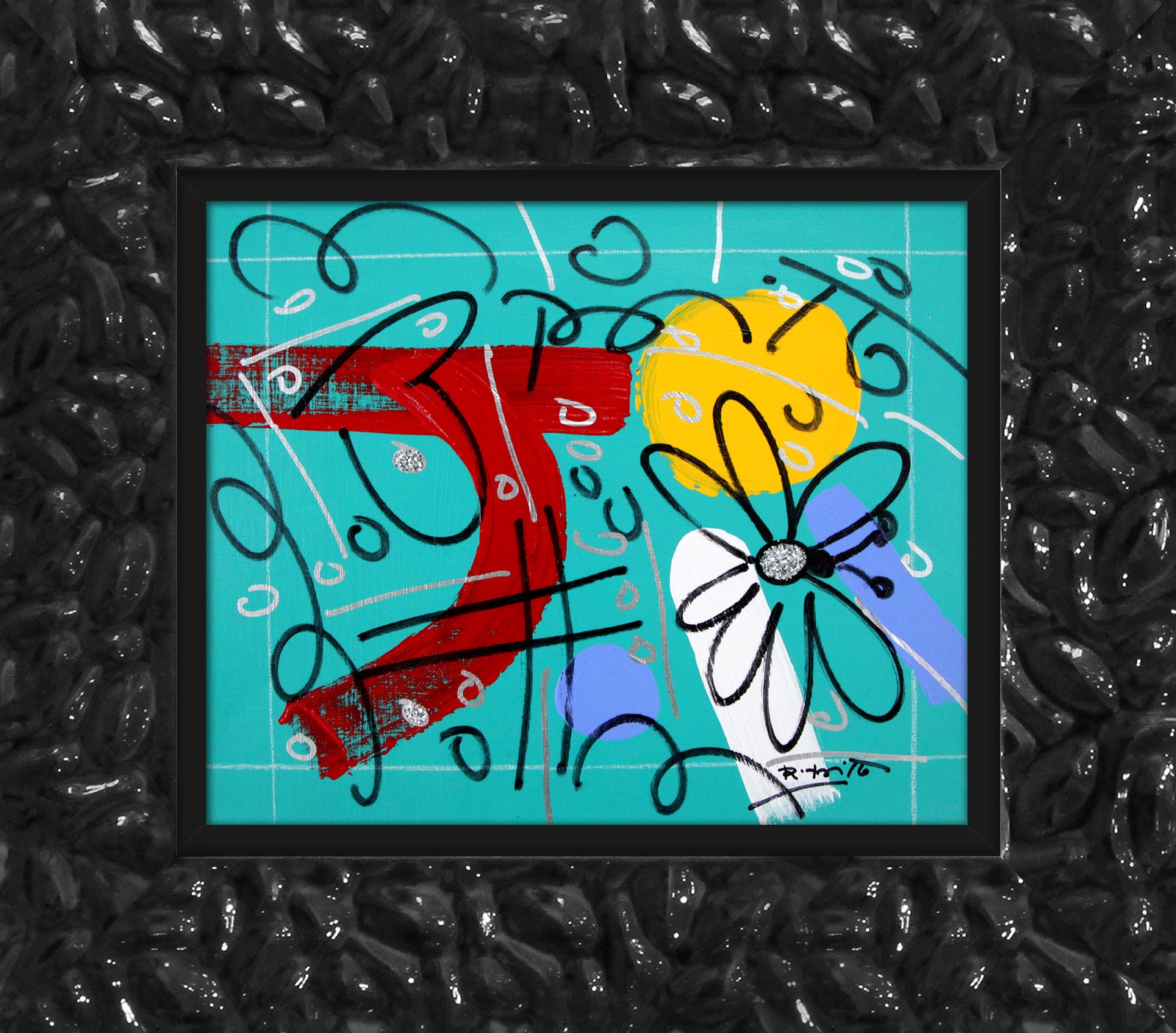 modern pop art teal garden original drawing vibrant home decor