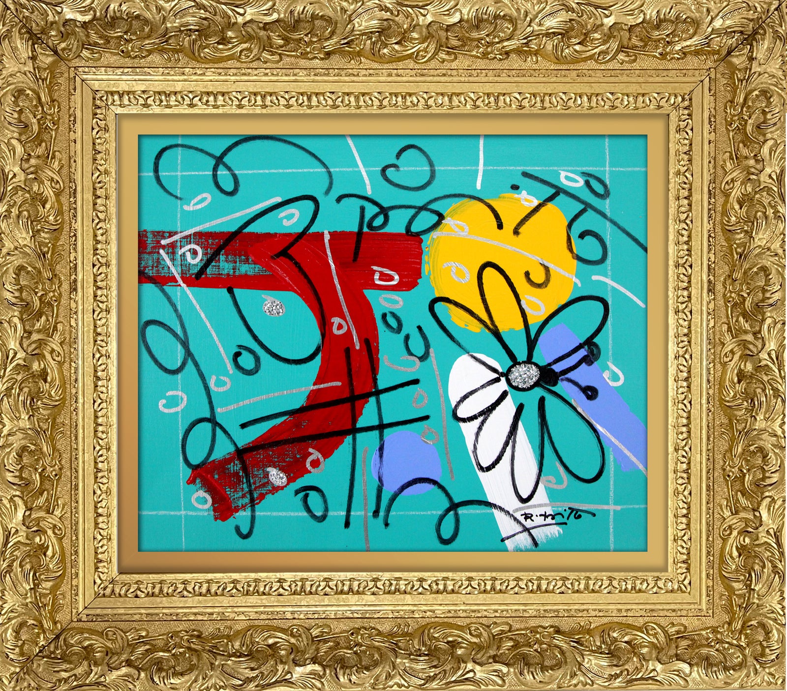 Romero Britto teal garden original drawing colorful pop art design