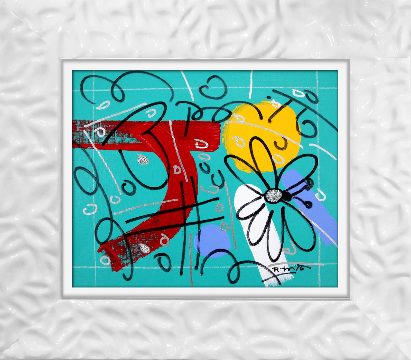 modern pop art teal garden original drawing vibrant home decor