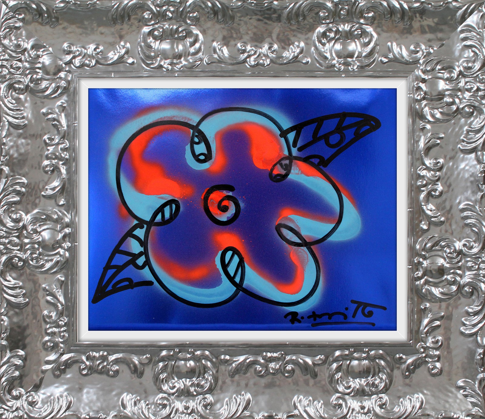 Romero Britto cyan orange and blue flower colorful pop art design