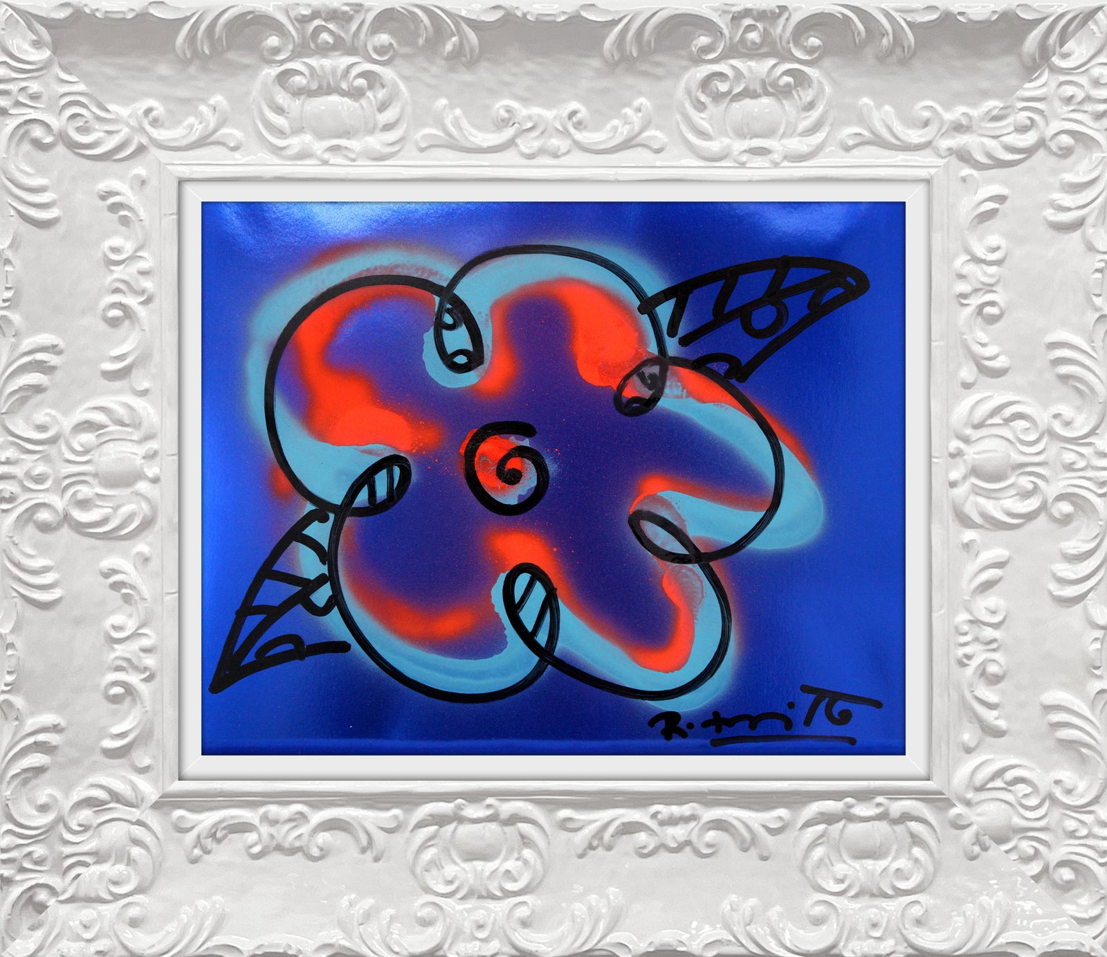 Romero Britto cyan orange and blue flower contemporary pop art piece