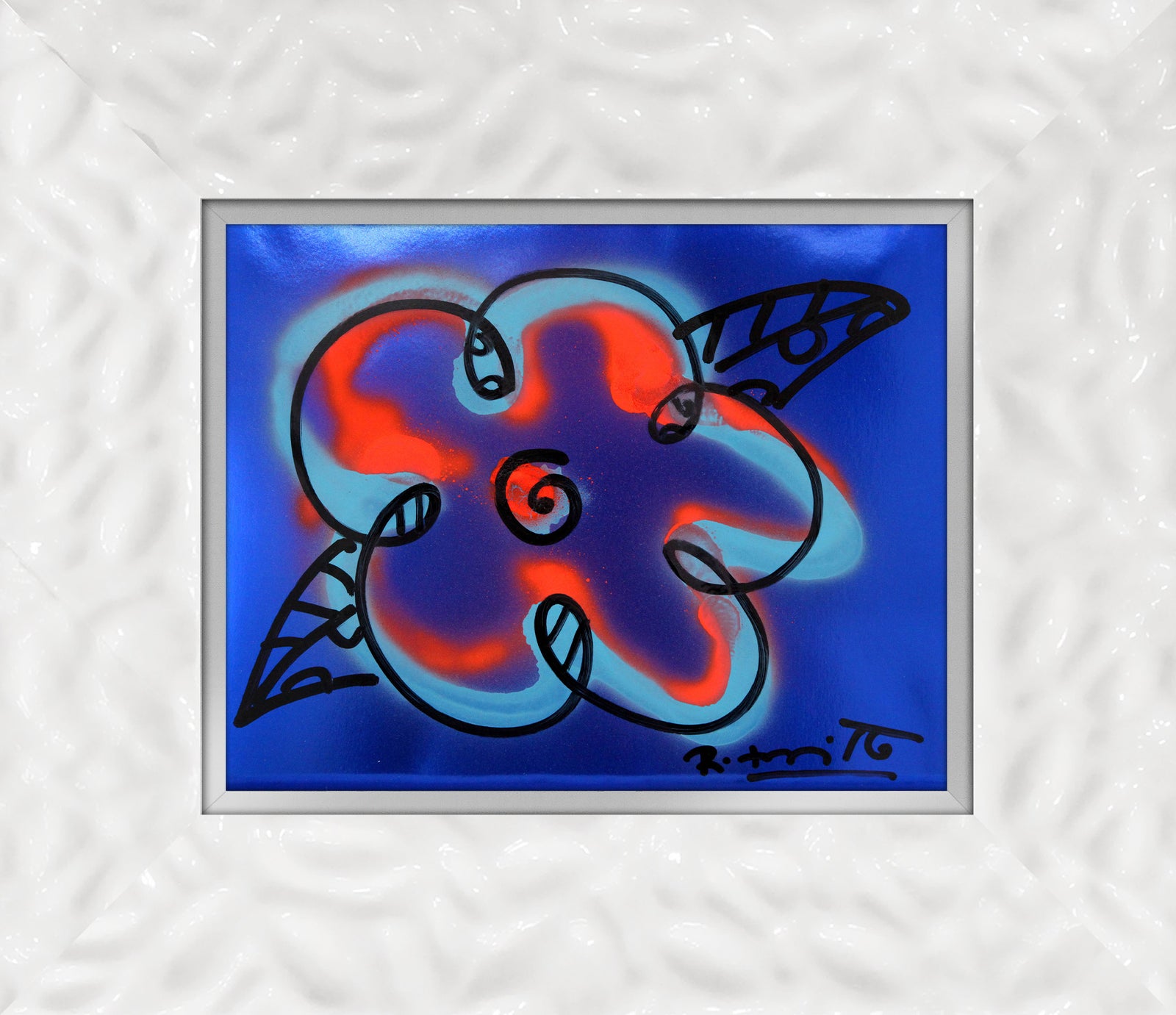 Romero Britto cyan orange and blue flower colorful pop art design