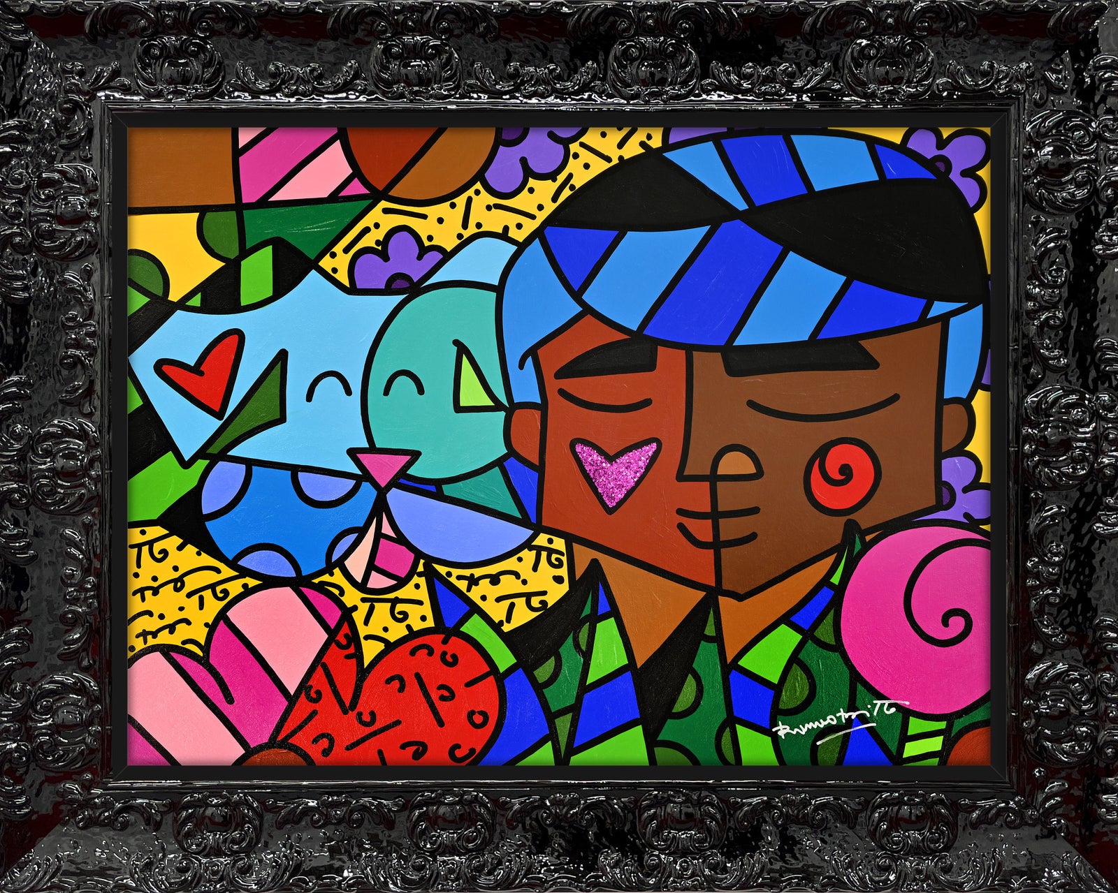 Romero Britto amigos original painting contemporary pop art piece