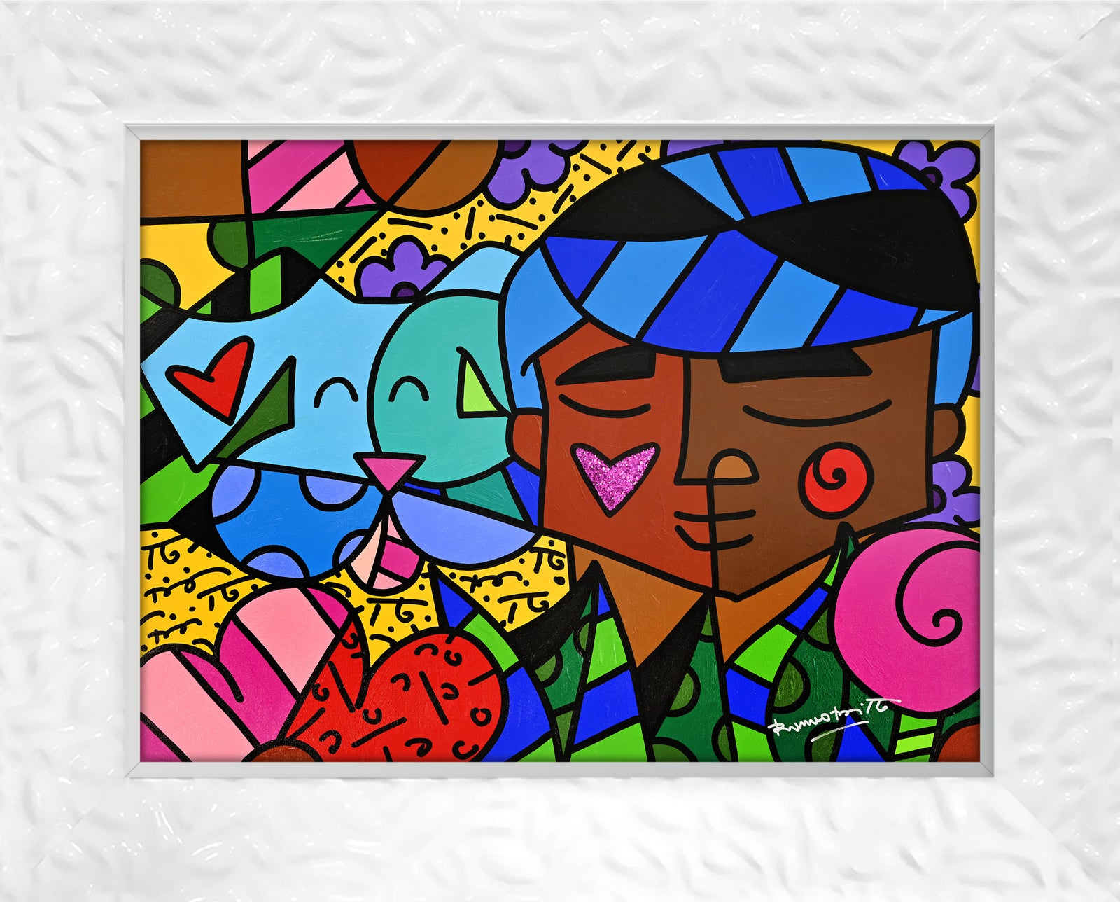 Romero Britto amigos original painting contemporary pop art piece