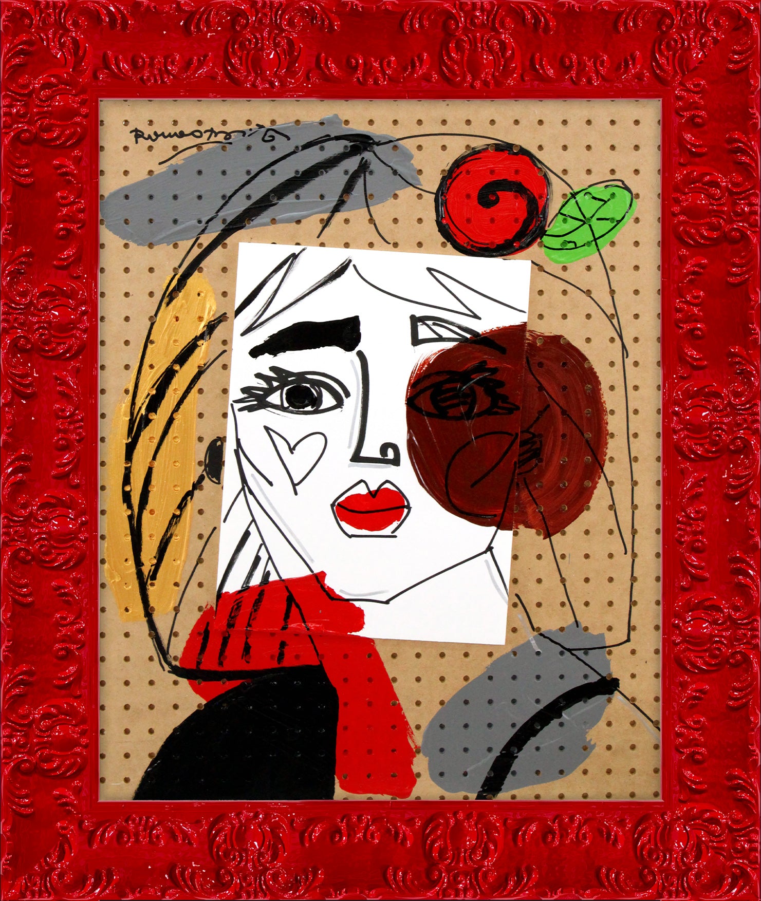 Romero Britto red flower original painting contemporary pop art piece