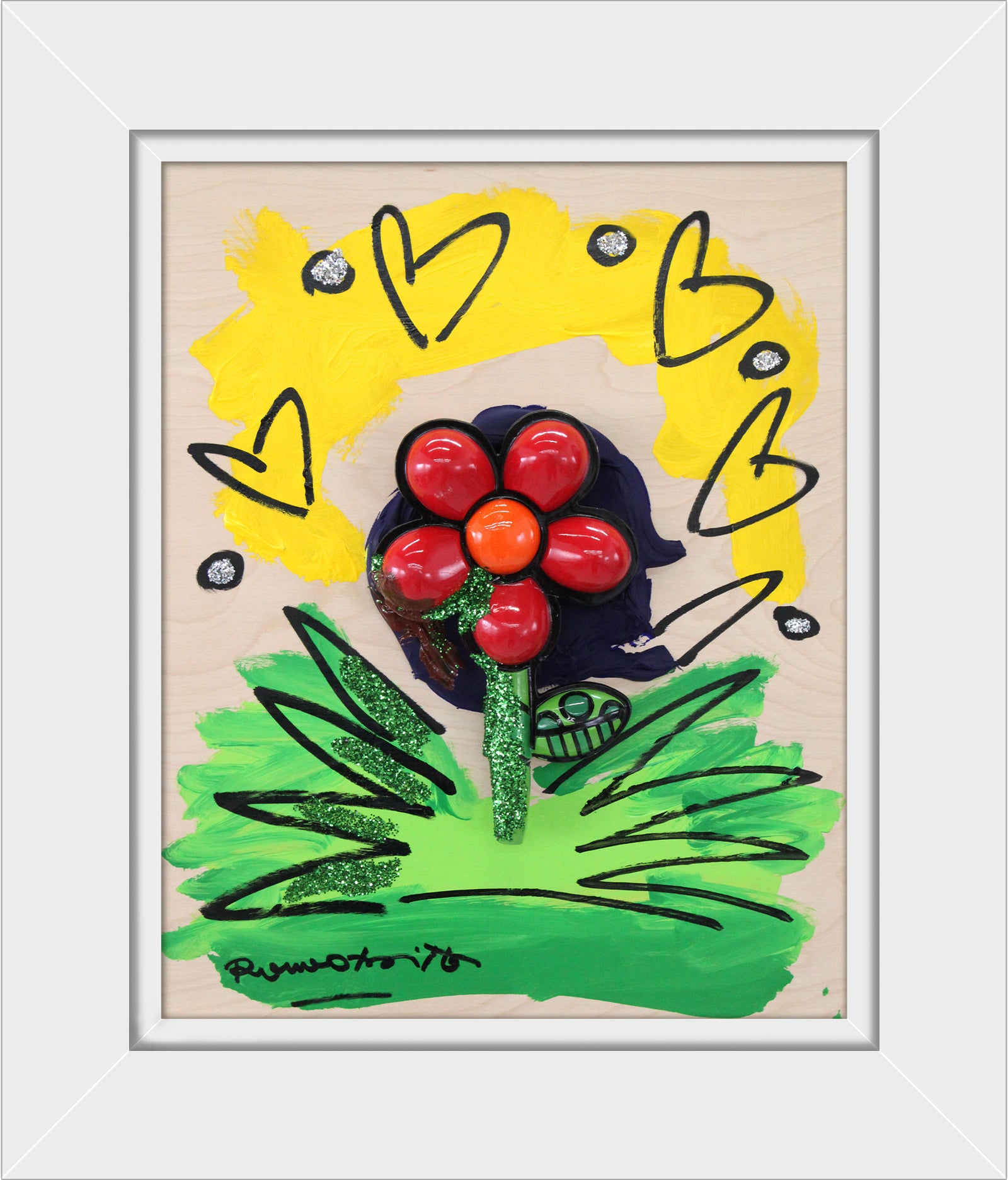 Romero Britto red flower assemblage original object contemporary pop art piece