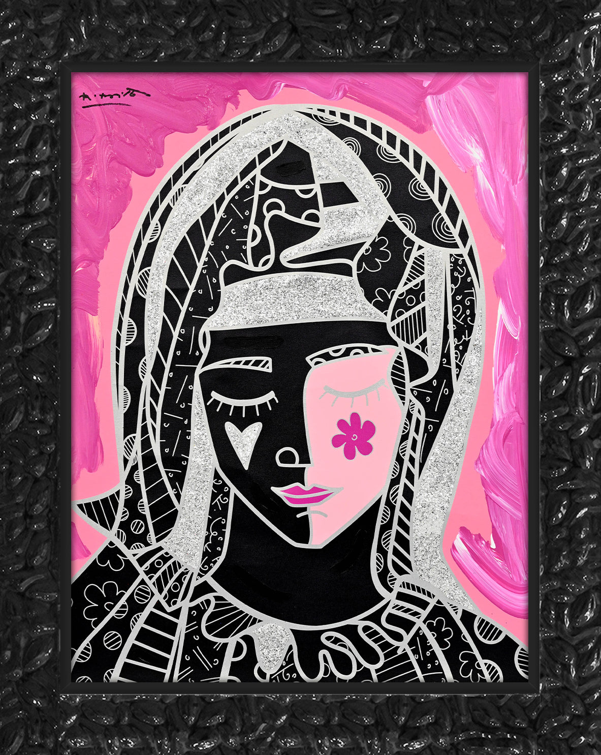 Romero Britto mother in pink silver mixed contemporary pop art piece