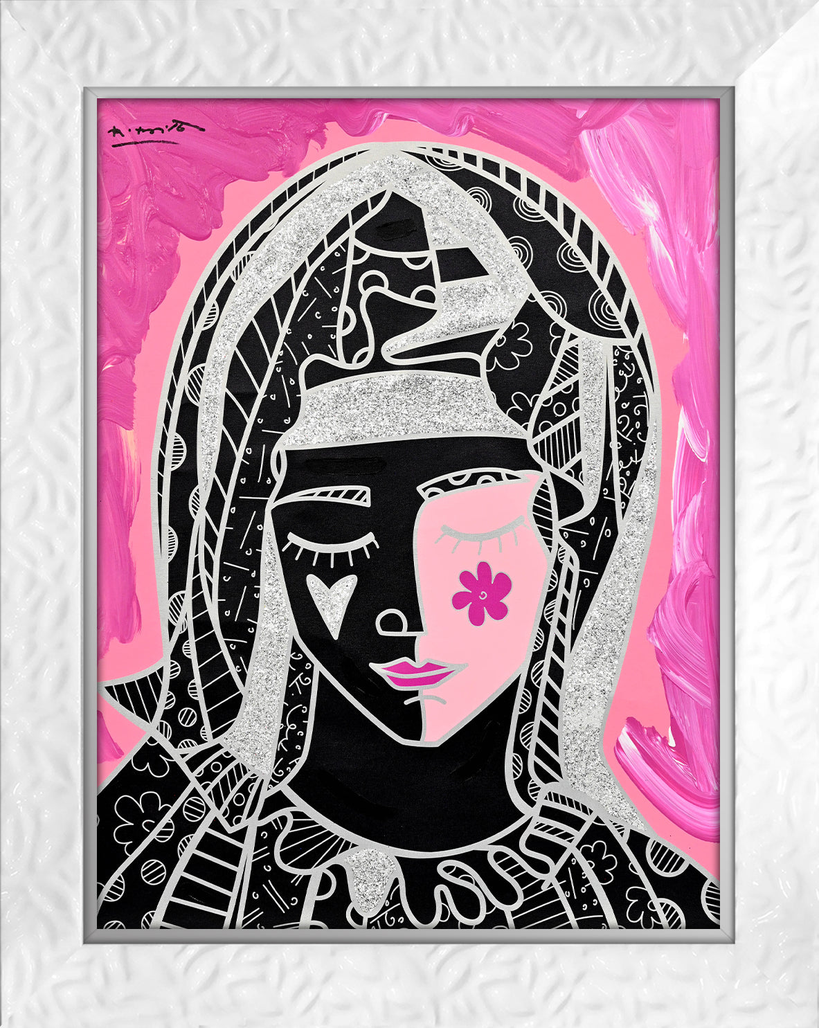 Romero Britto mother in pink silver mixed contemporary pop art piece