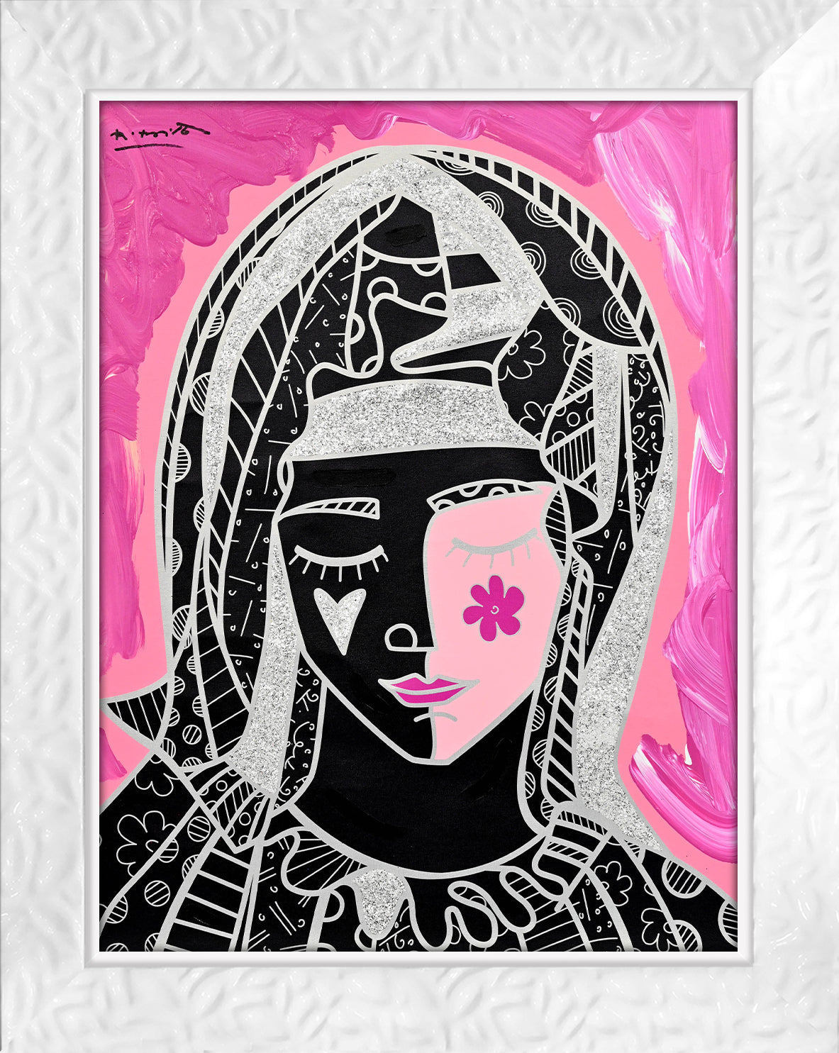 Romero Britto mother in pink silver mixed colorful pop art design