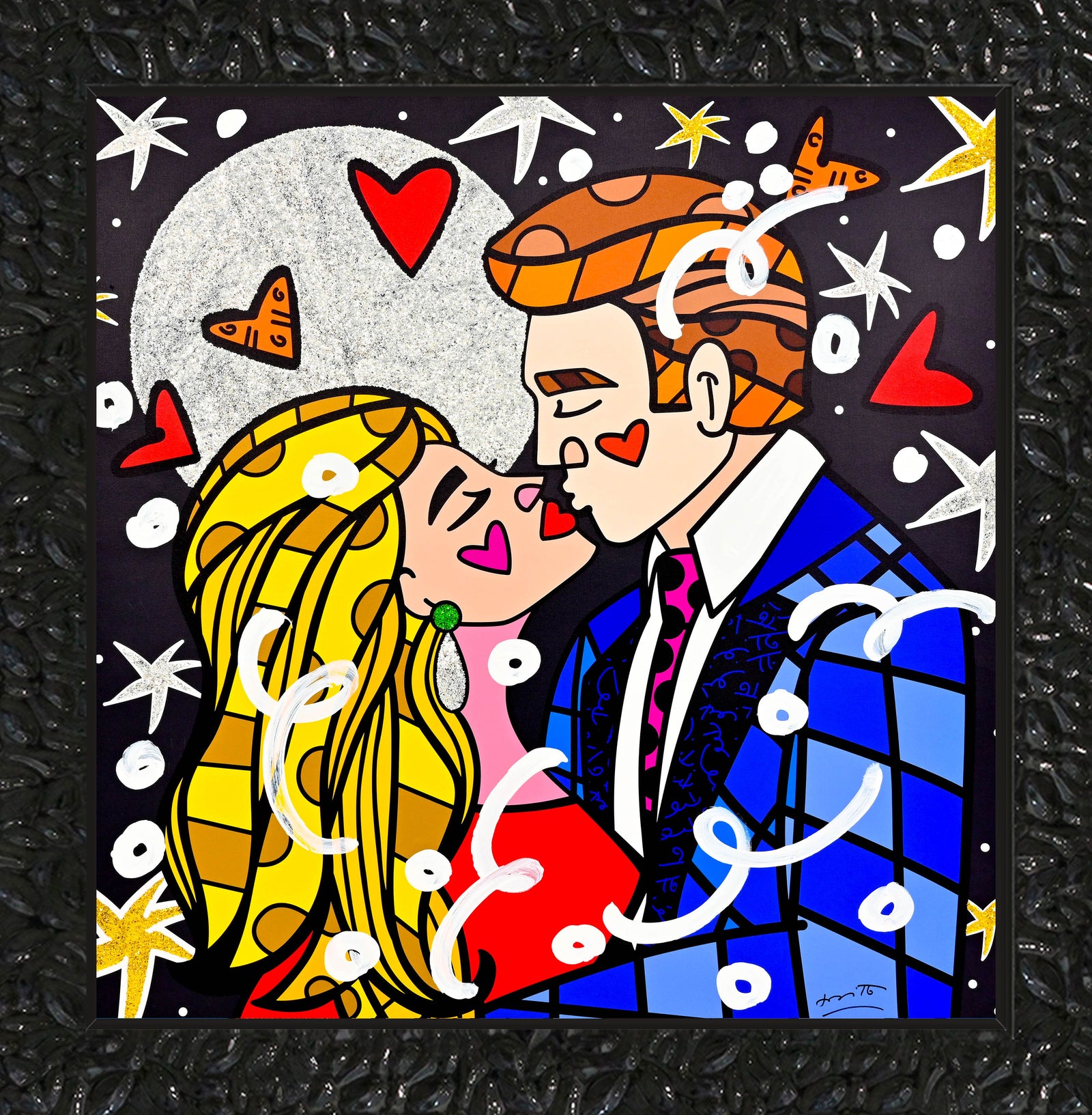 Romero Britto moonstruck mixed media original contemporary pop art piece