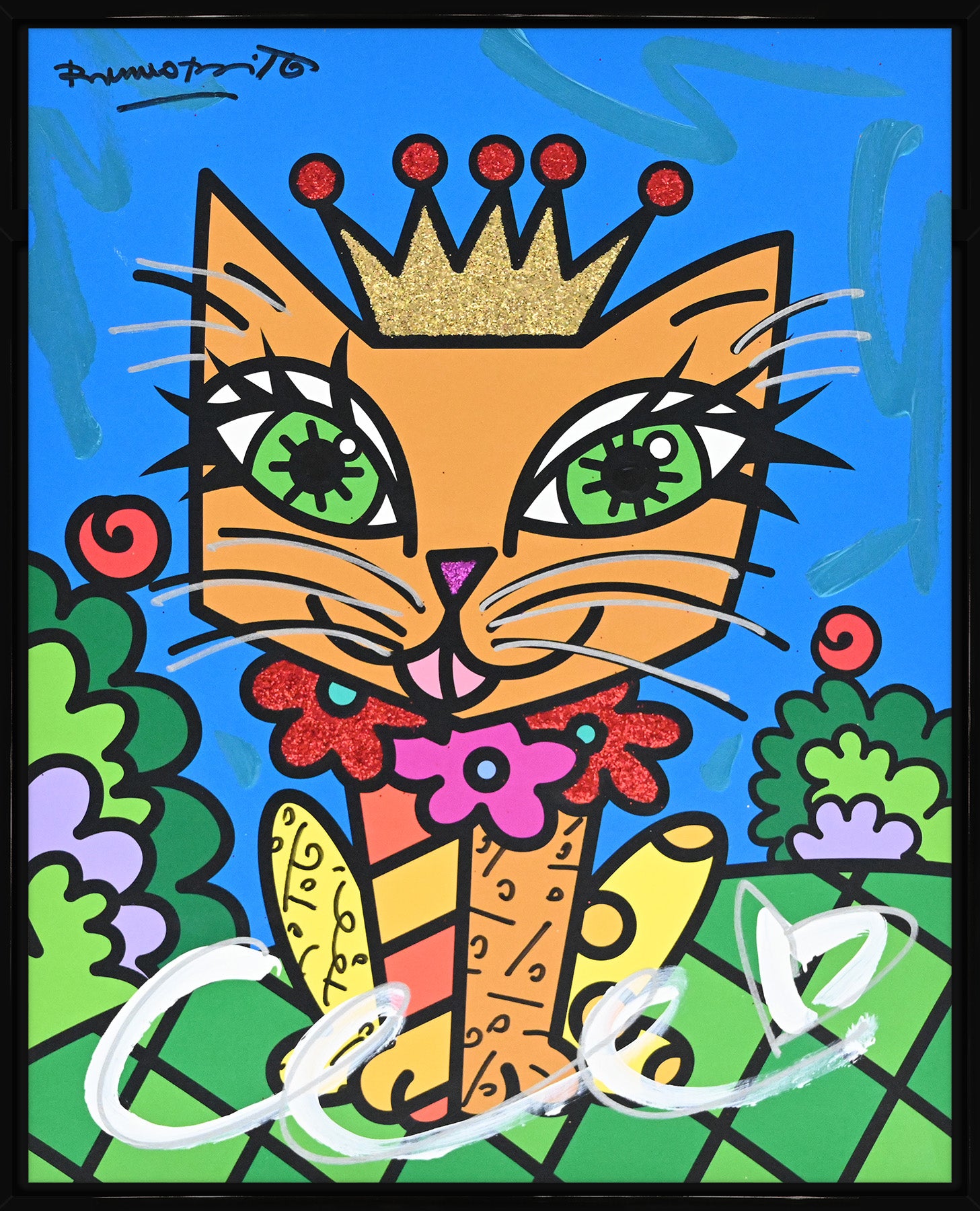 Romero Britto royalty cat mixed media original contemporary pop art piece