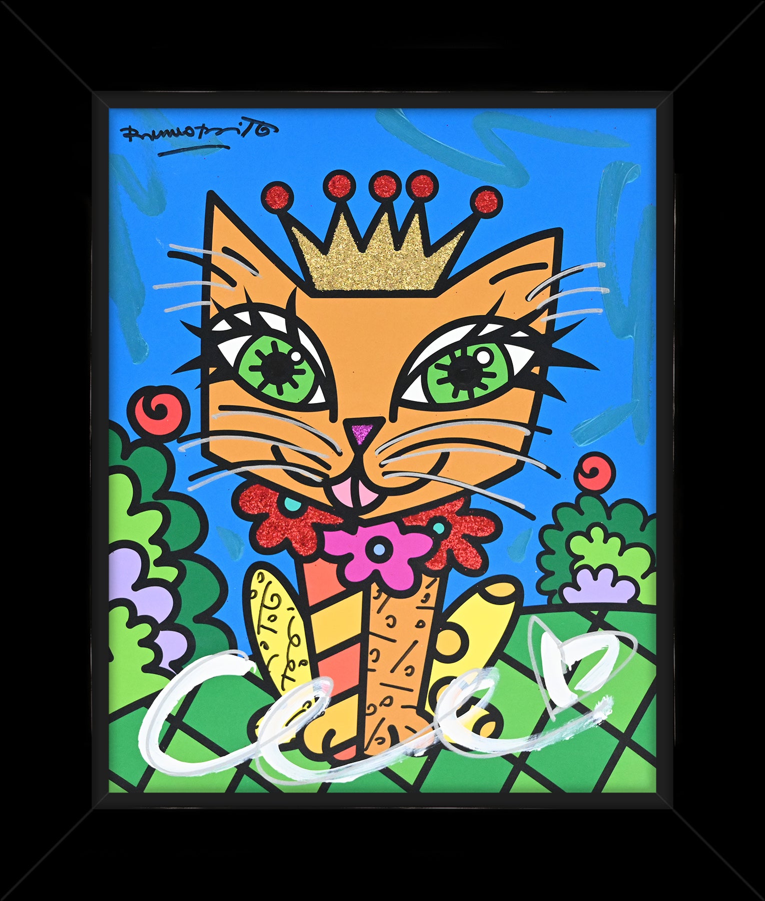 Romero Britto royalty cat mixed media original colorful pop art design