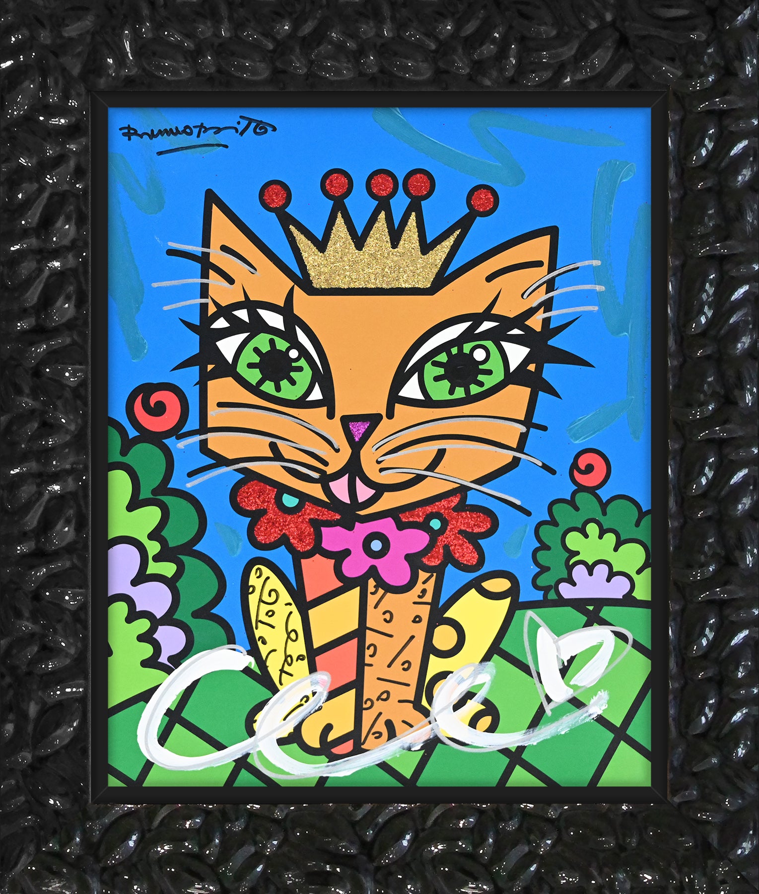 Romero Britto royalty cat mixed media original contemporary pop art piece