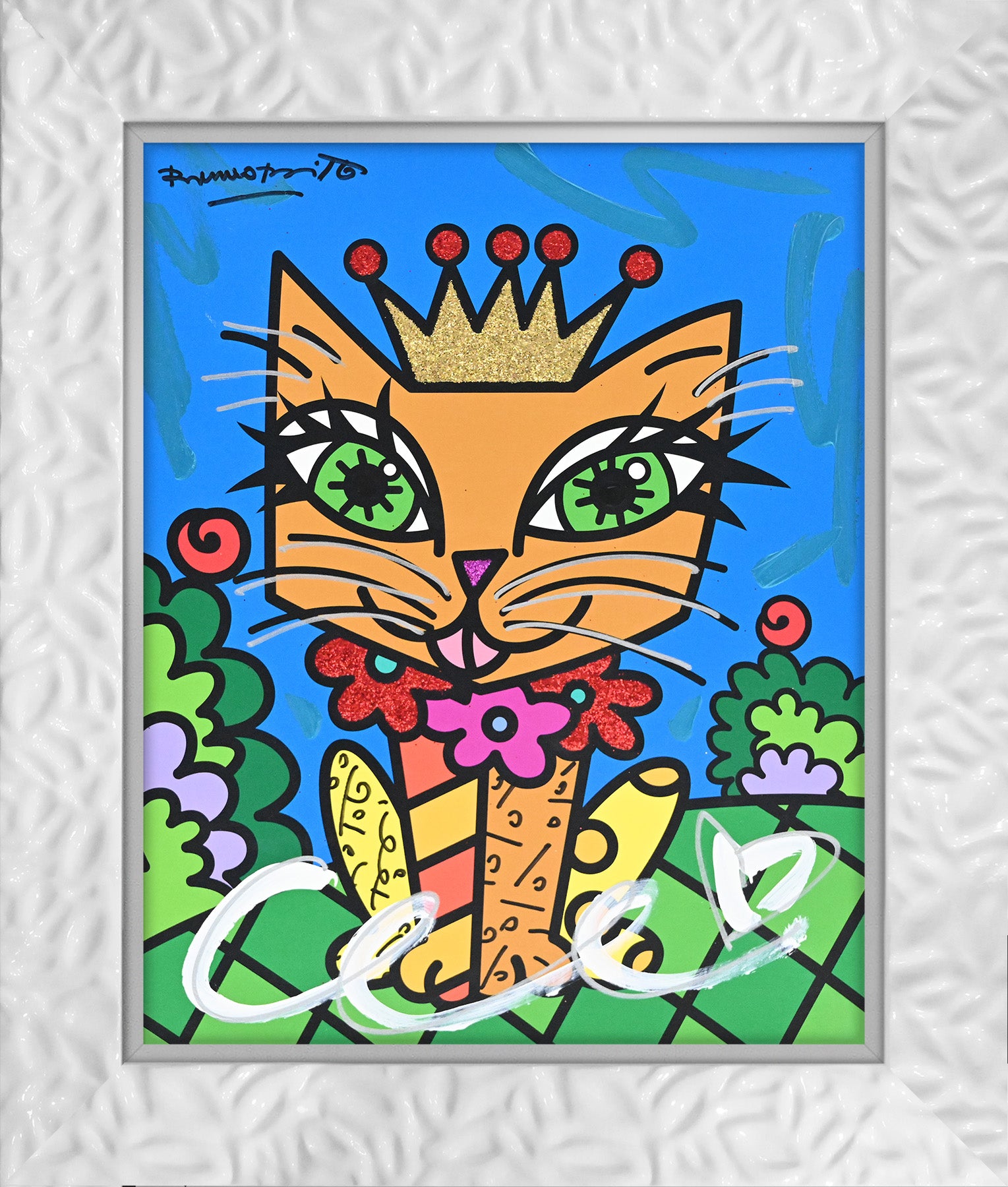 Romero Britto royalty cat mixed media original contemporary pop art piece