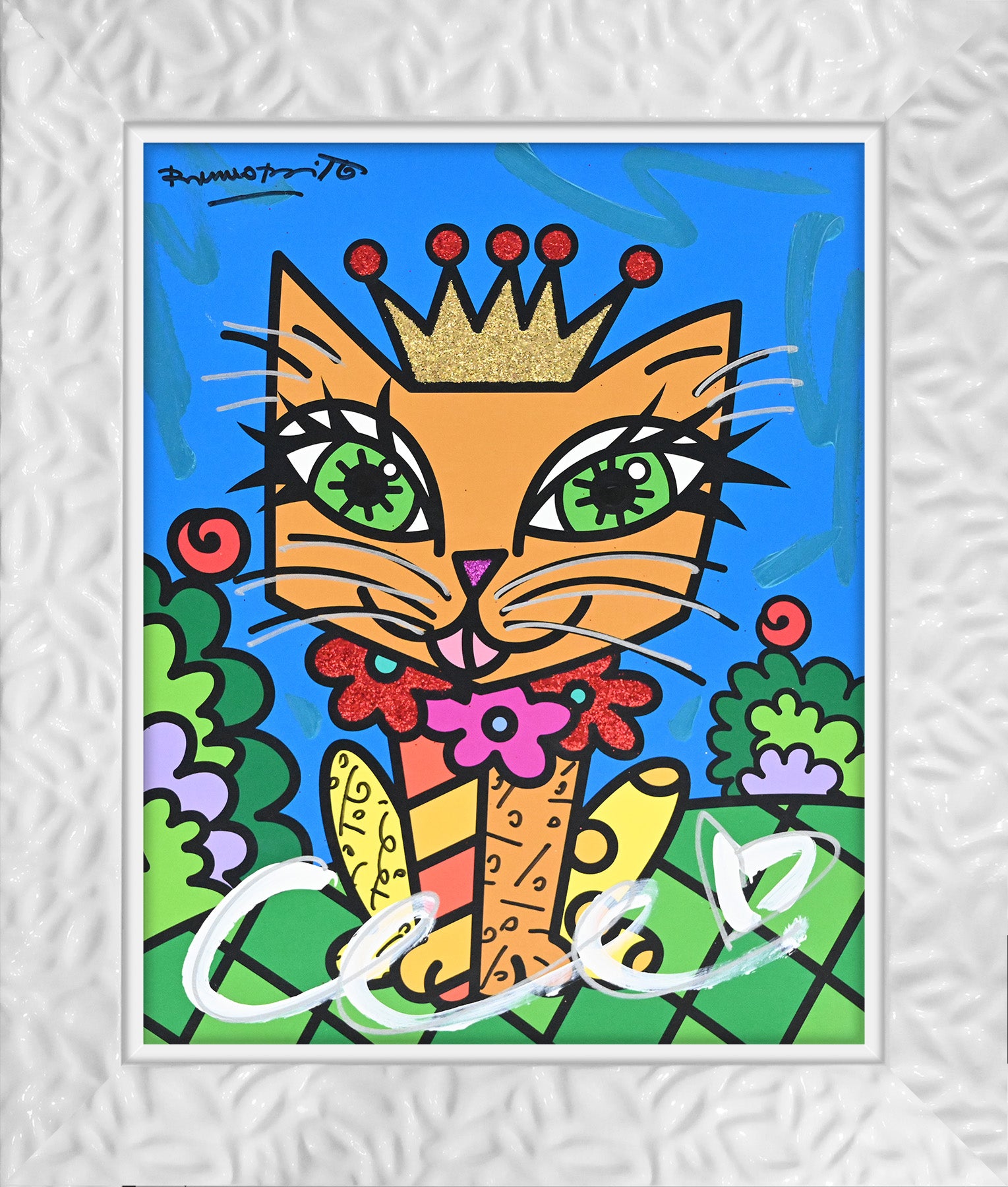 Romero Britto royalty cat mixed media original colorful pop art design