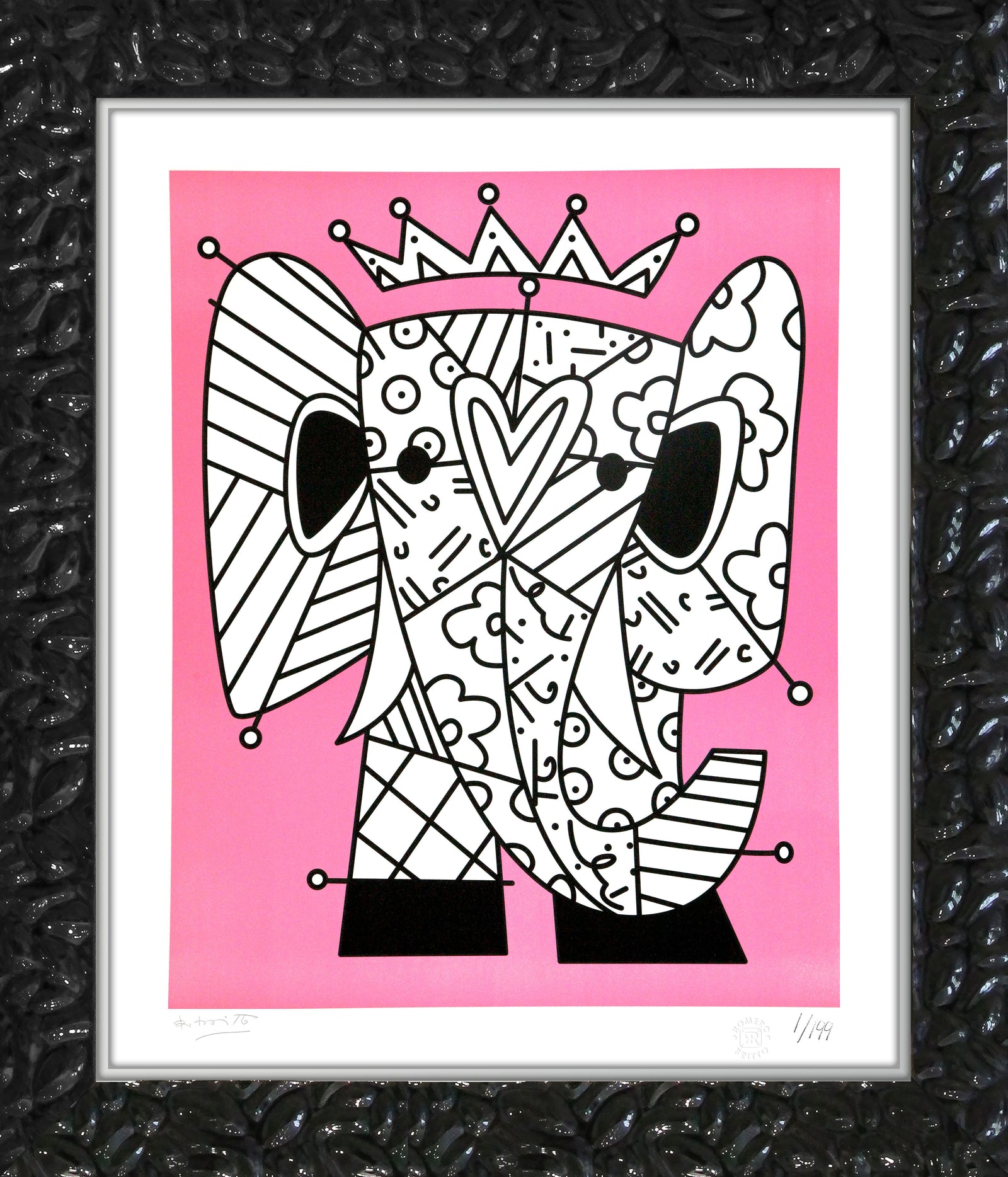Romero Britto pink elephant lithograph contemporary pop art piece