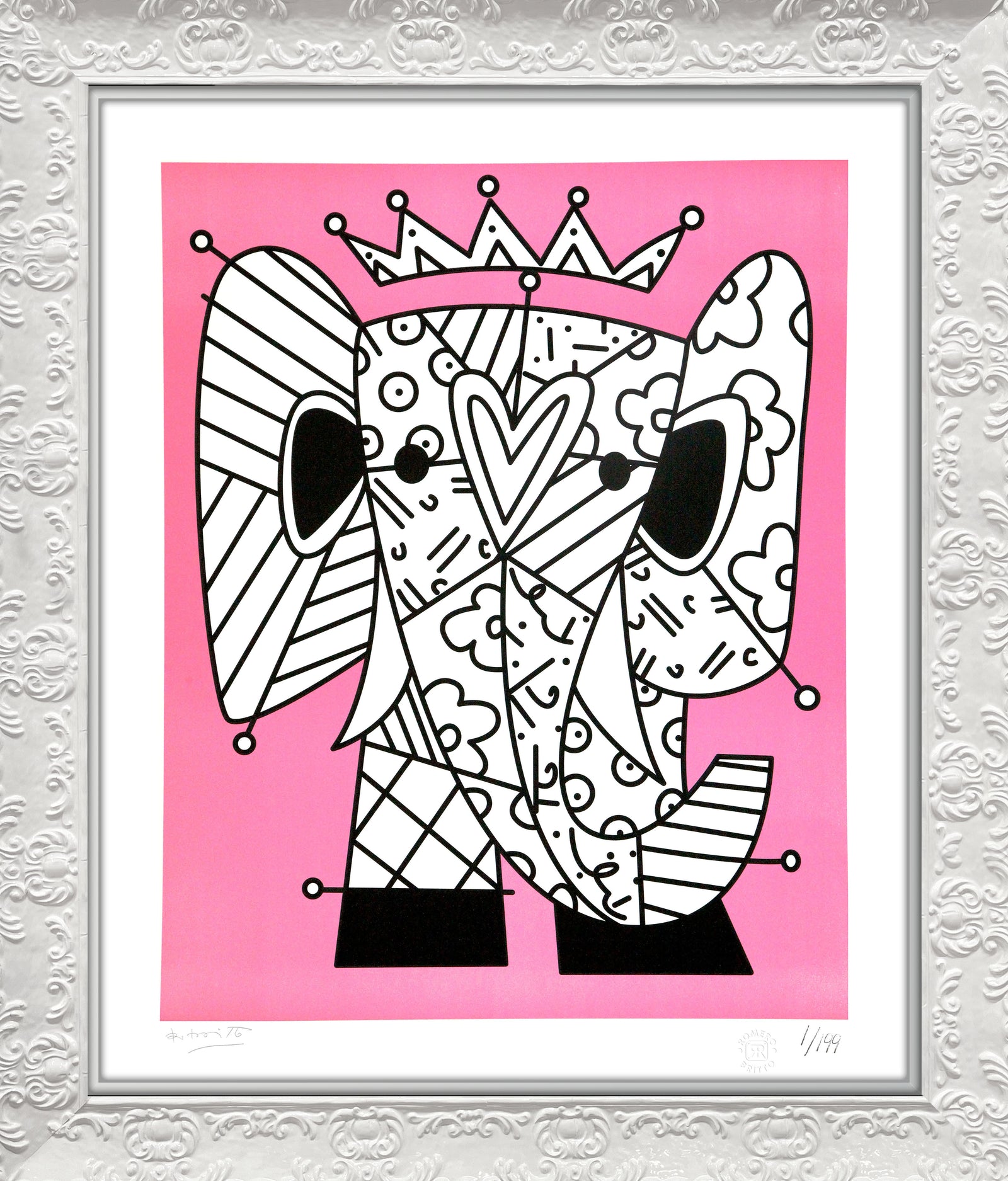 Romero Britto pink elephant lithograph colorful pop art design