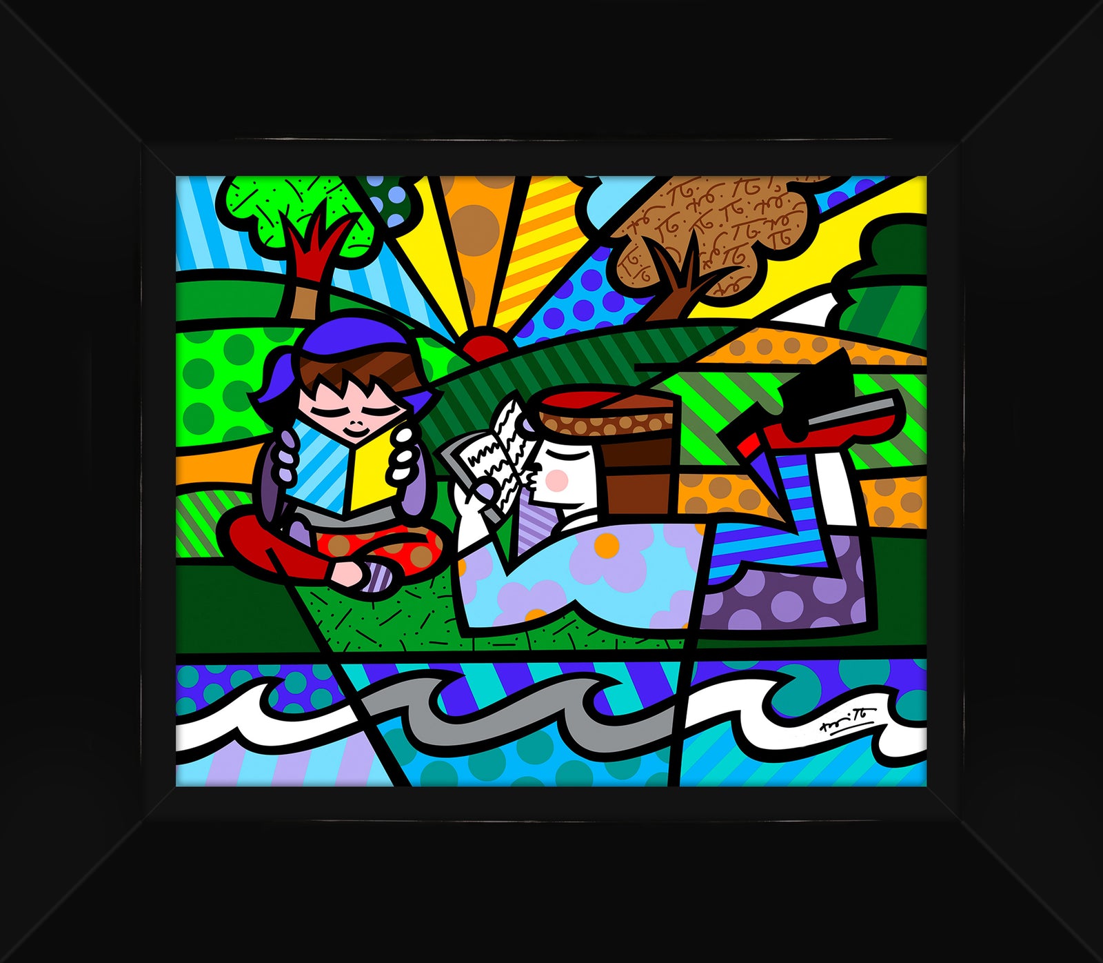 Romero Britto reading in the park limited contemporary pop art piece