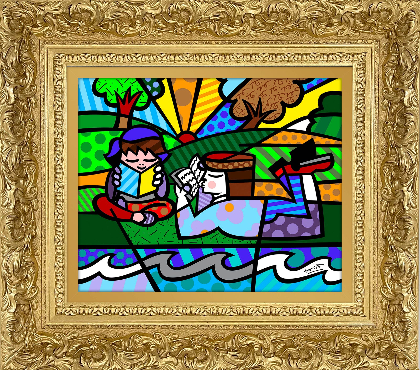Romero Britto reading in the park limited contemporary pop art piece