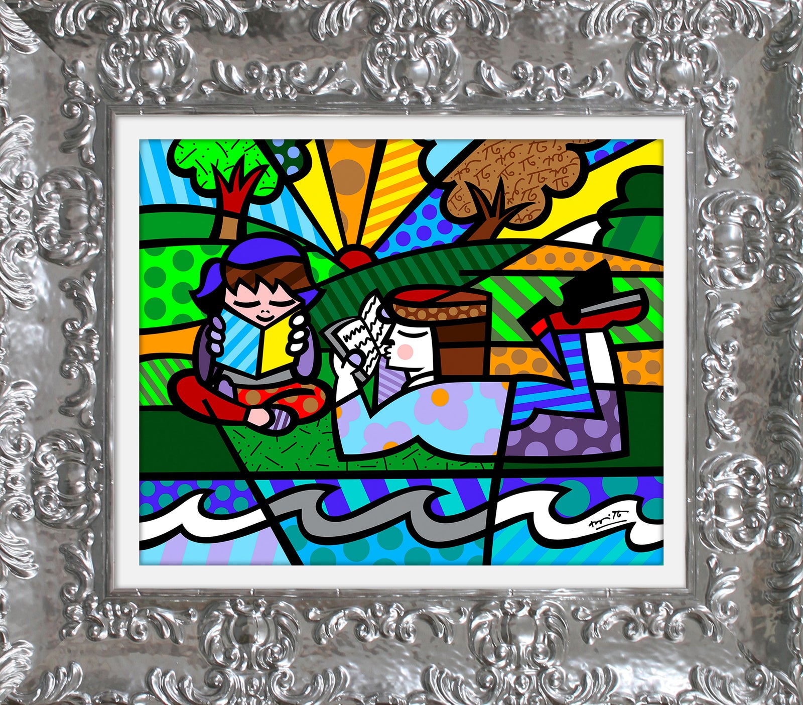 Romero Britto reading in the park limited colorful pop art design