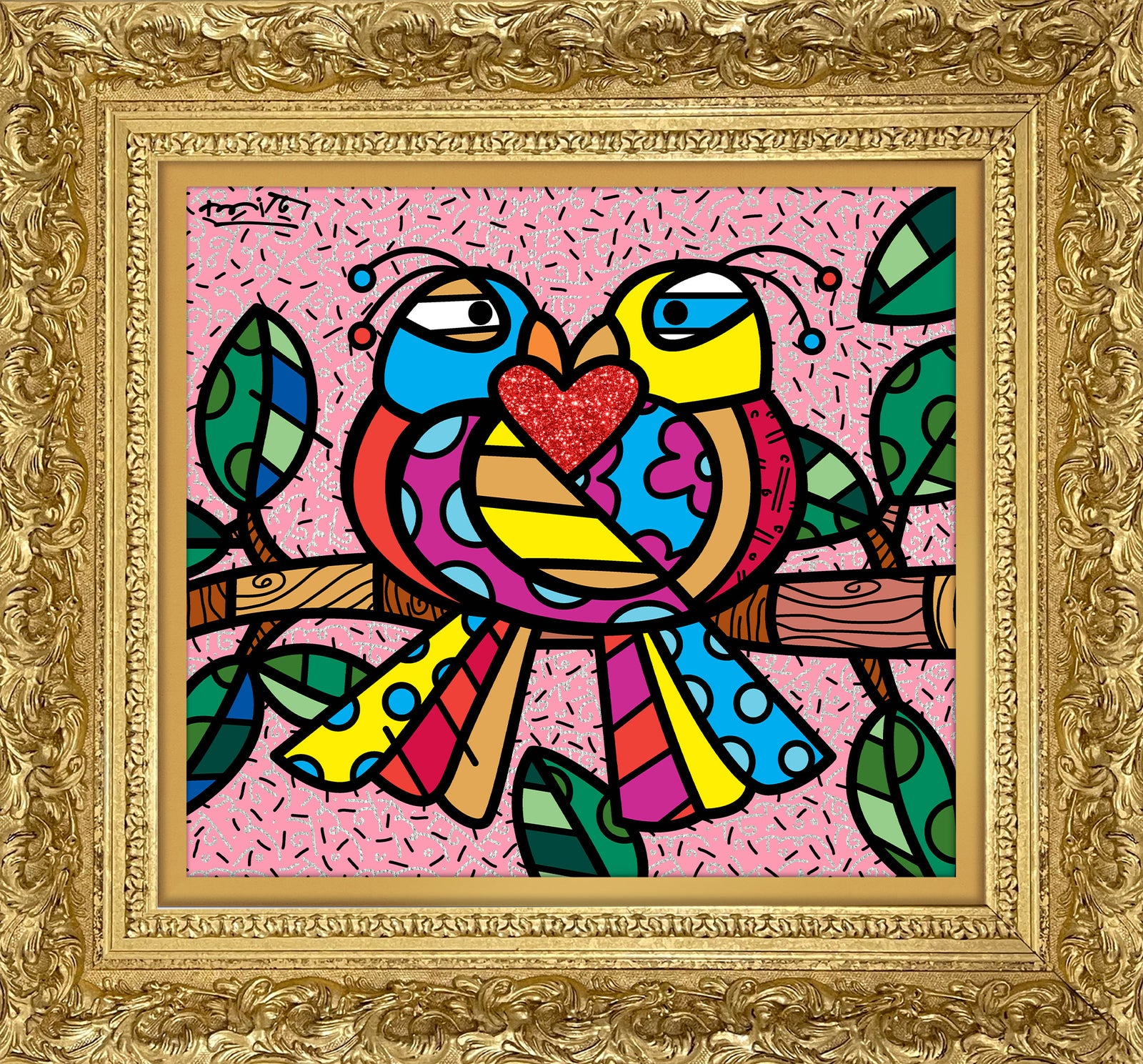 Romero Britto love birds pink limited edition contemporary pop art piece