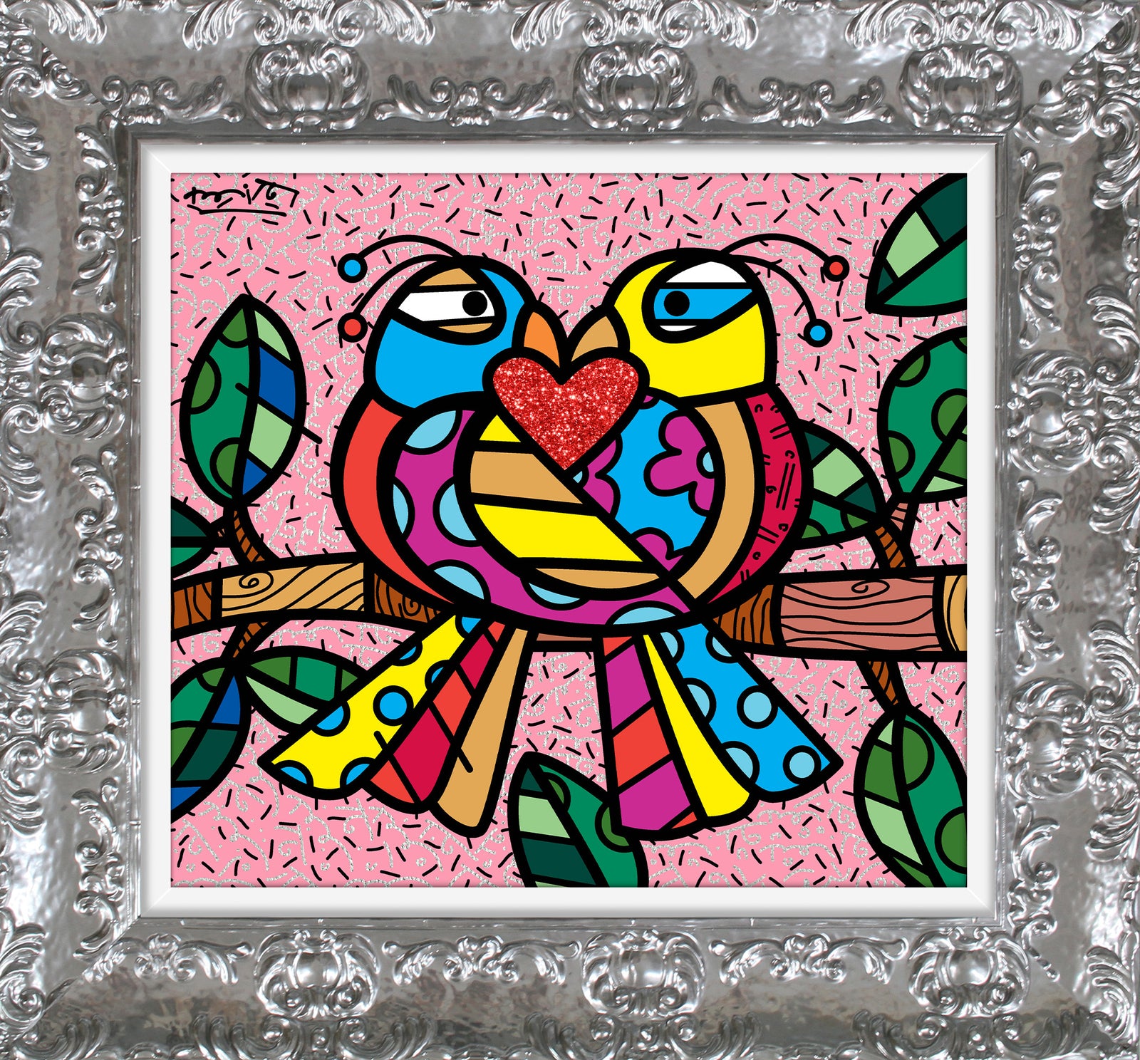 Romero Britto love birds pink limited edition colorful pop art design