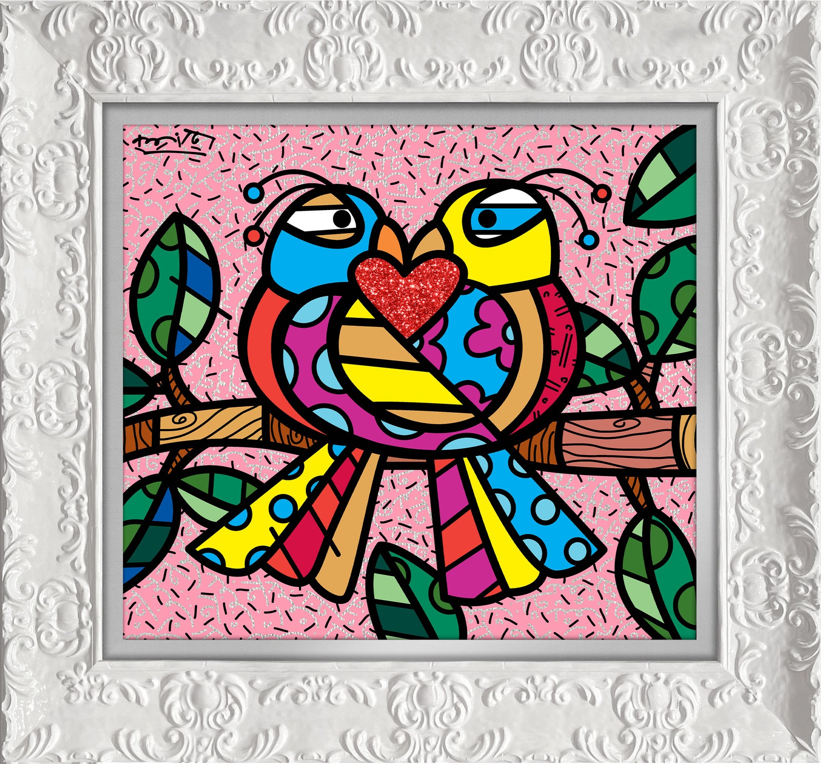 Romero Britto love birds pink limited edition contemporary pop art piece