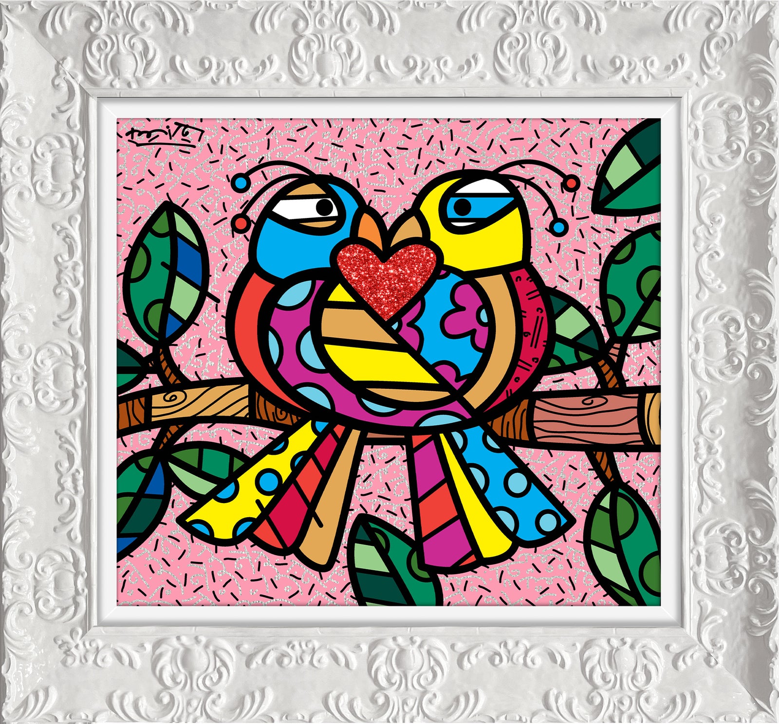 Romero Britto love birds pink limited edition colorful pop art design