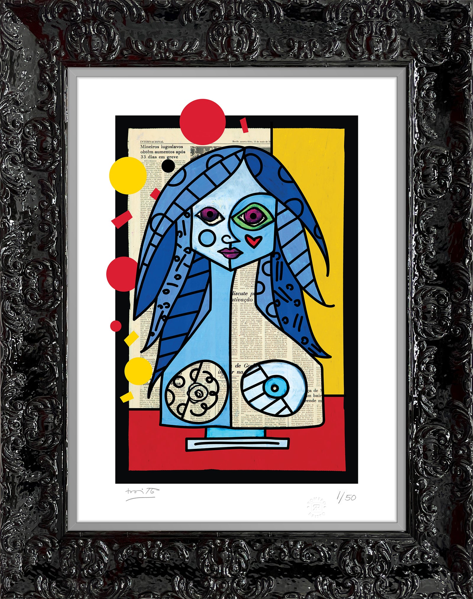 Romero Britto blue red yellow limited edition contemporary pop art piece