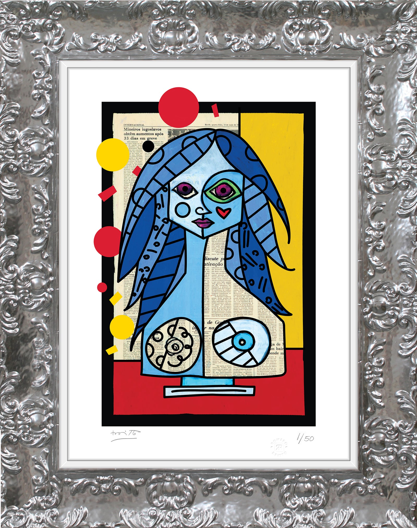 Romero Britto blue red yellow limited edition contemporary pop art piece