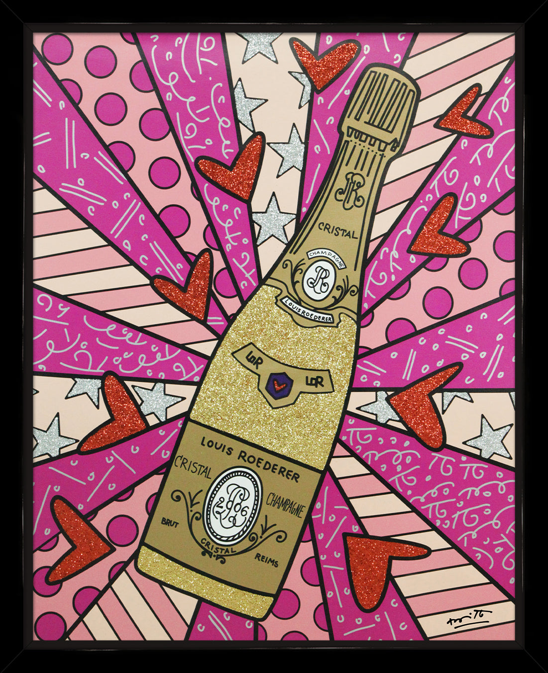 Romero Britto champagne wishes caviar dreams pink contemporary pop art piece