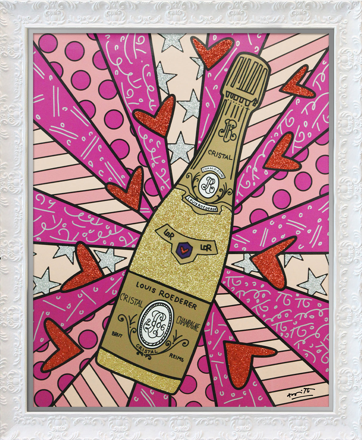 Romero Britto champagne wishes caviar dreams pink contemporary pop art piece