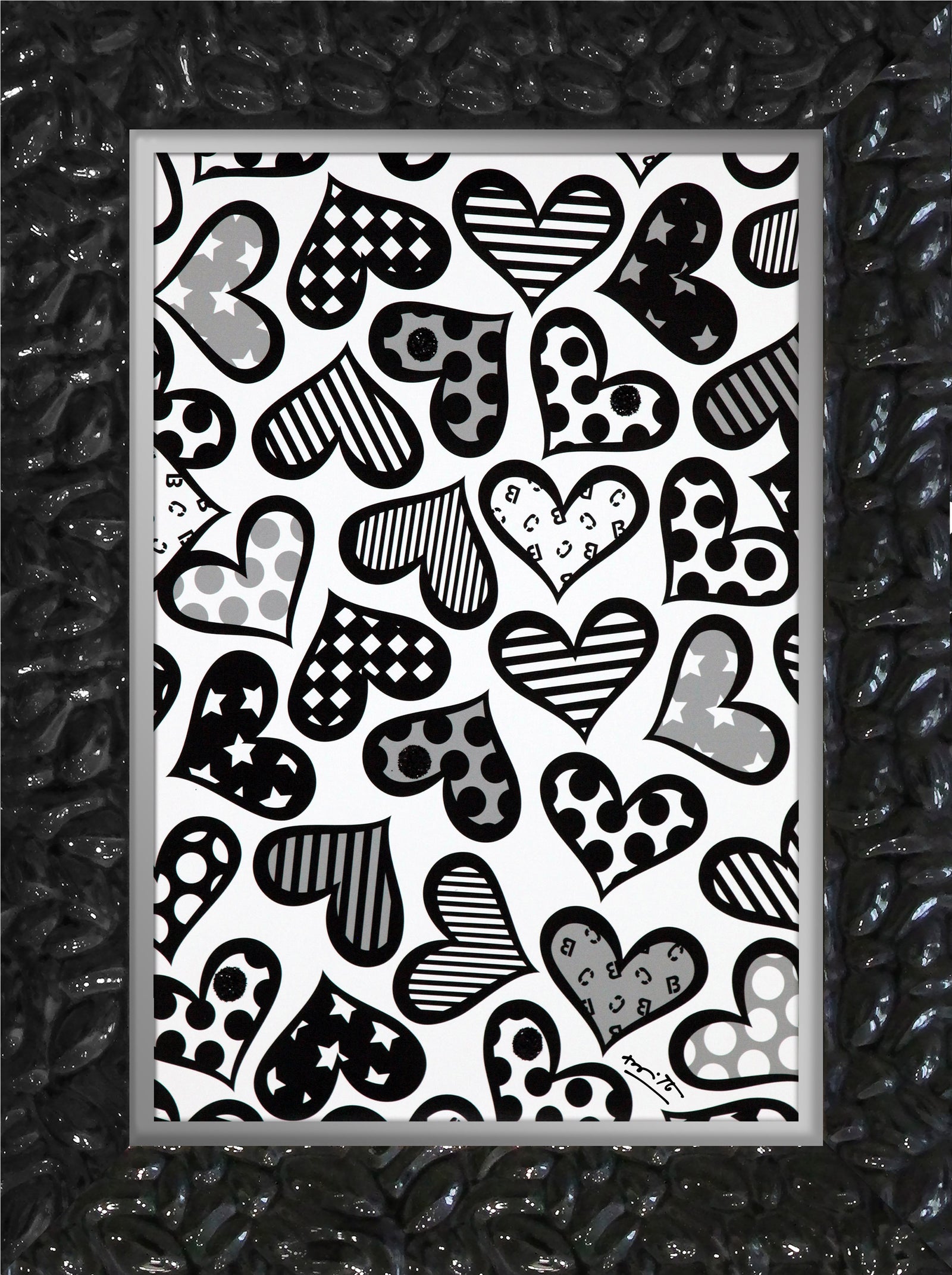 Romero Britto hearts black white limited edition contemporary pop art piece