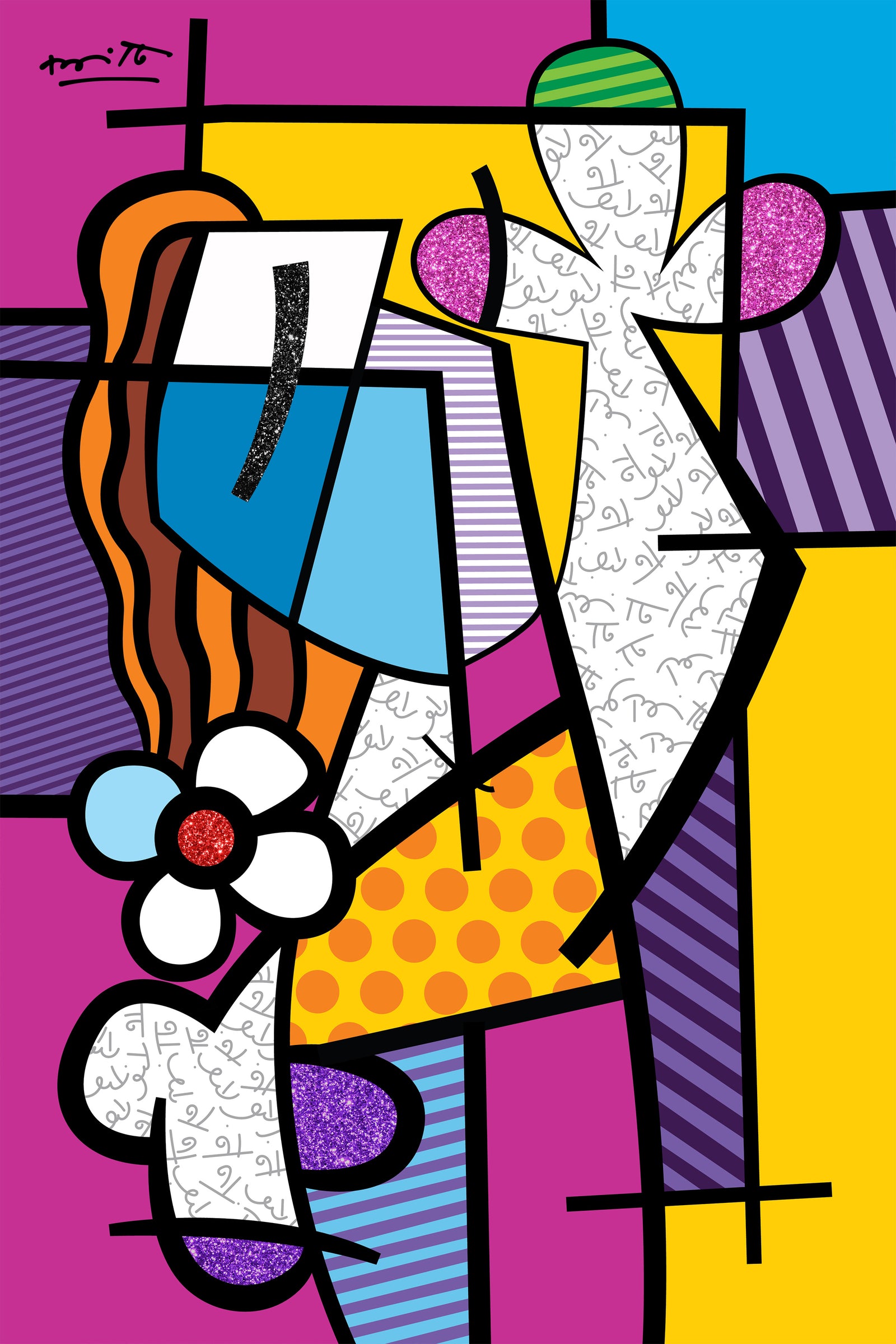 Romero Britto girl with red hair limited colorful pop art design