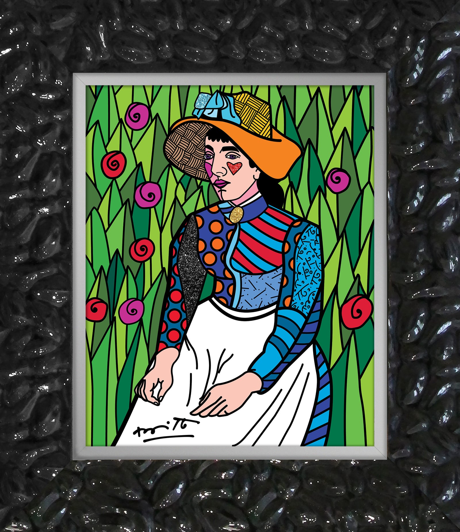 Romero Britto girl in white limited edition colorful pop art design