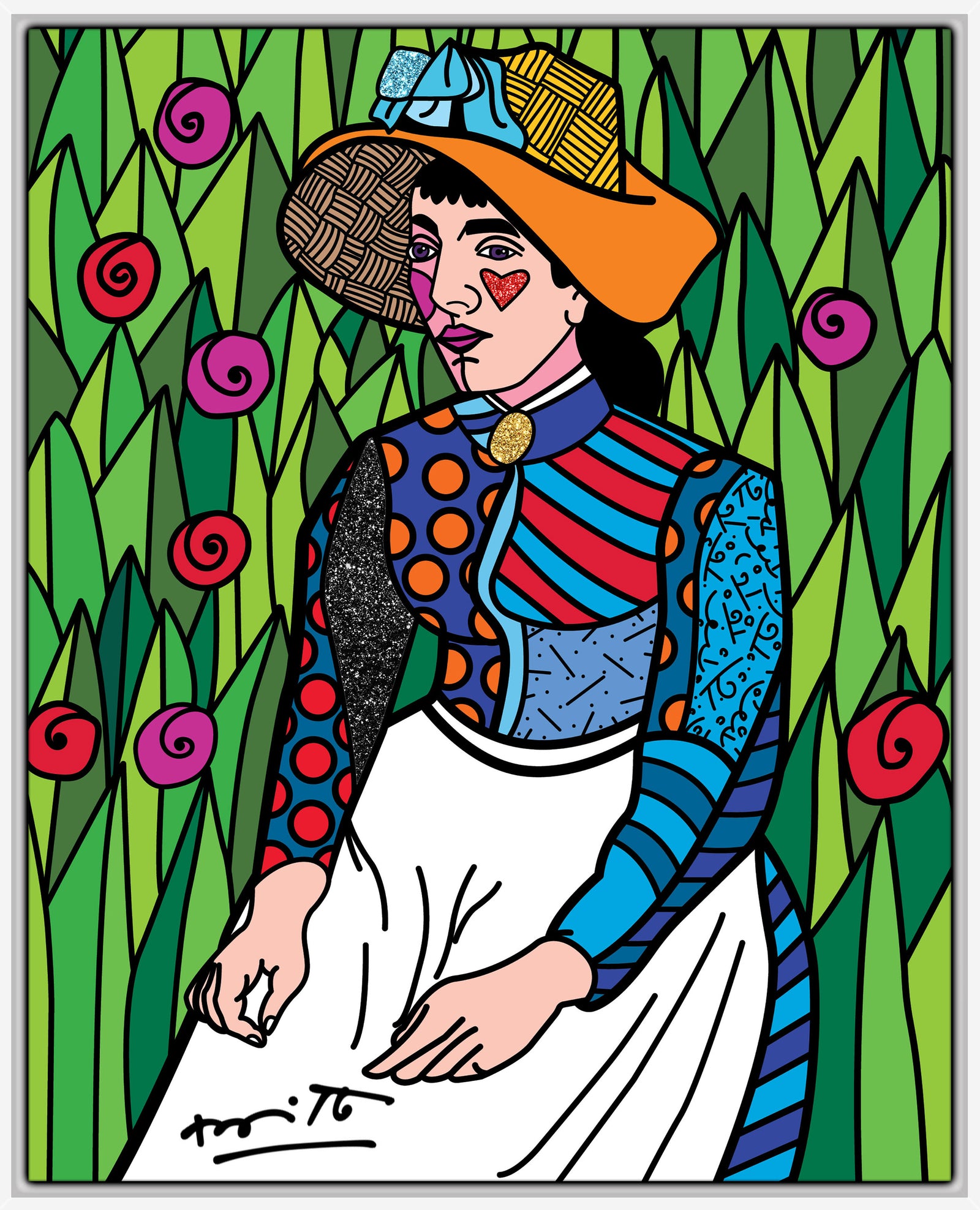 Romero Britto girl in white limited edition colorful pop art design