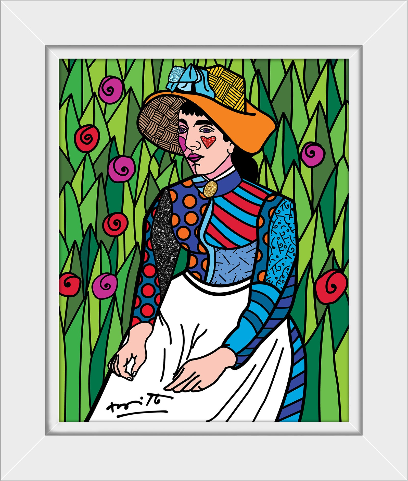 Romero Britto girl in white limited edition contemporary pop art piece