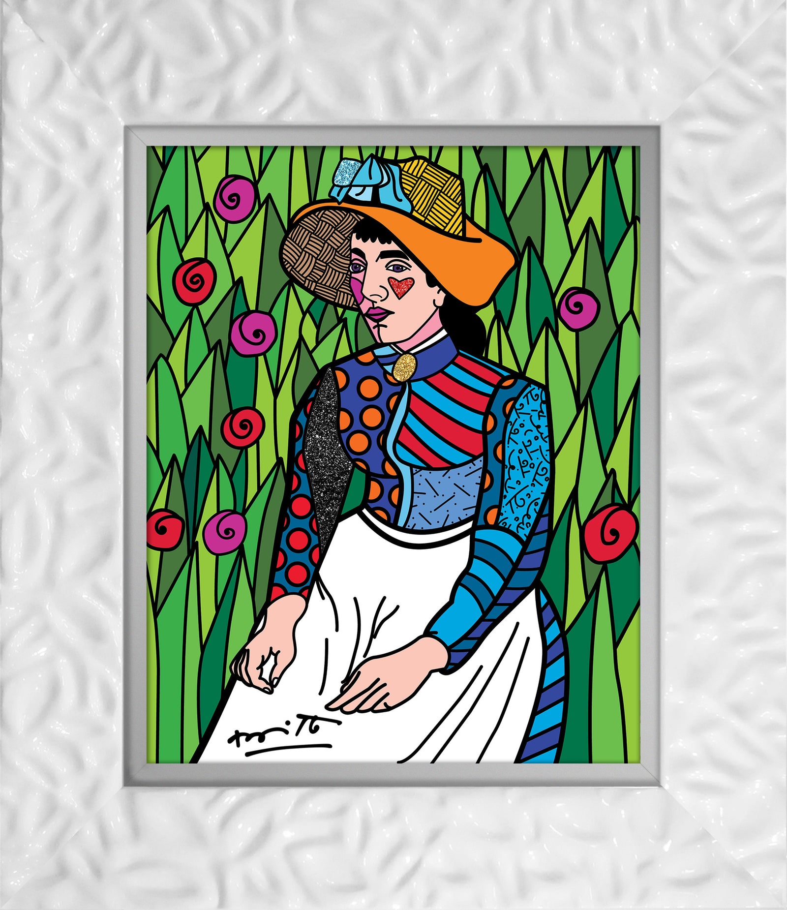 Romero Britto girl in white limited edition contemporary pop art piece