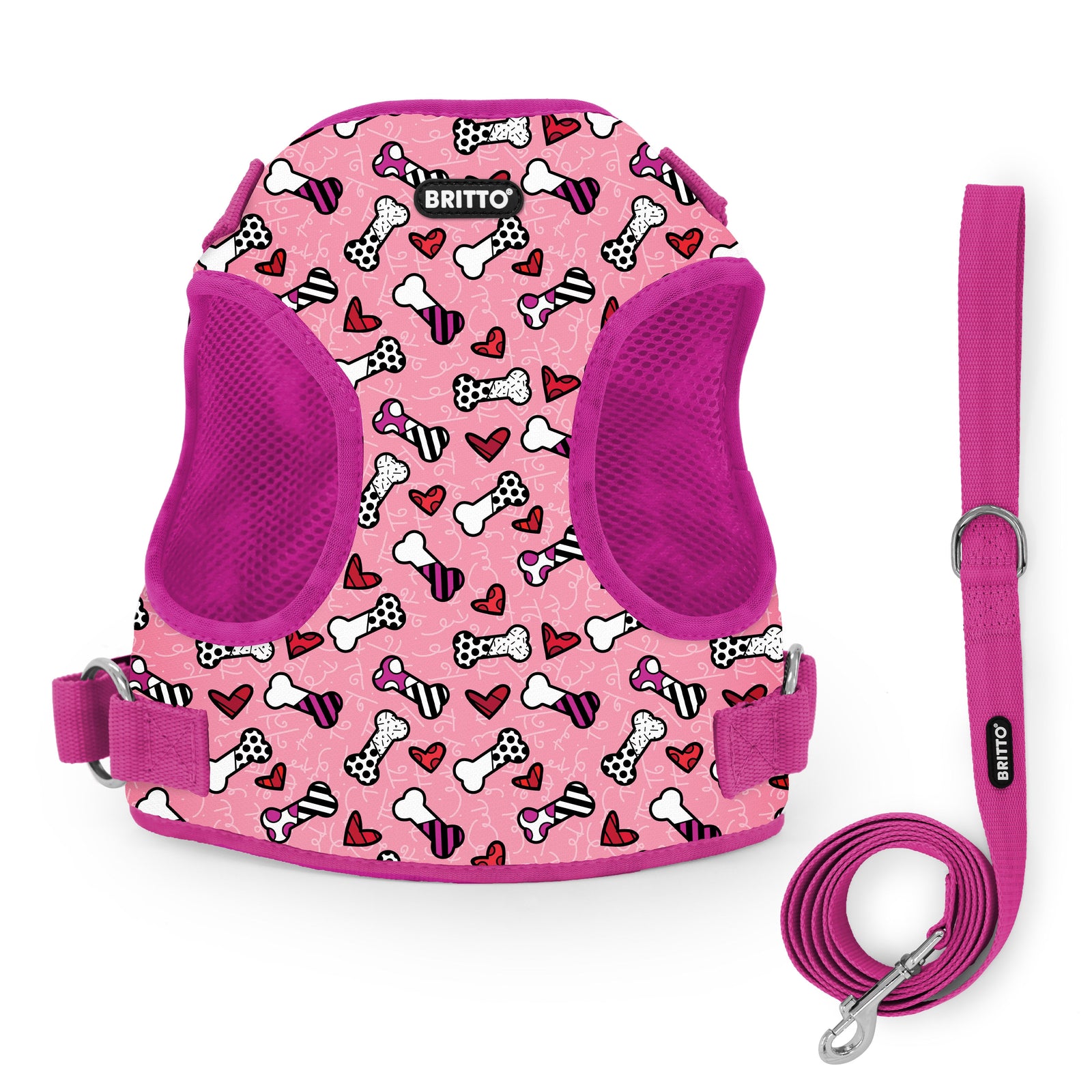 BRITTO® PET Small Dog Harness and Leash - Pink Bones and Hearts