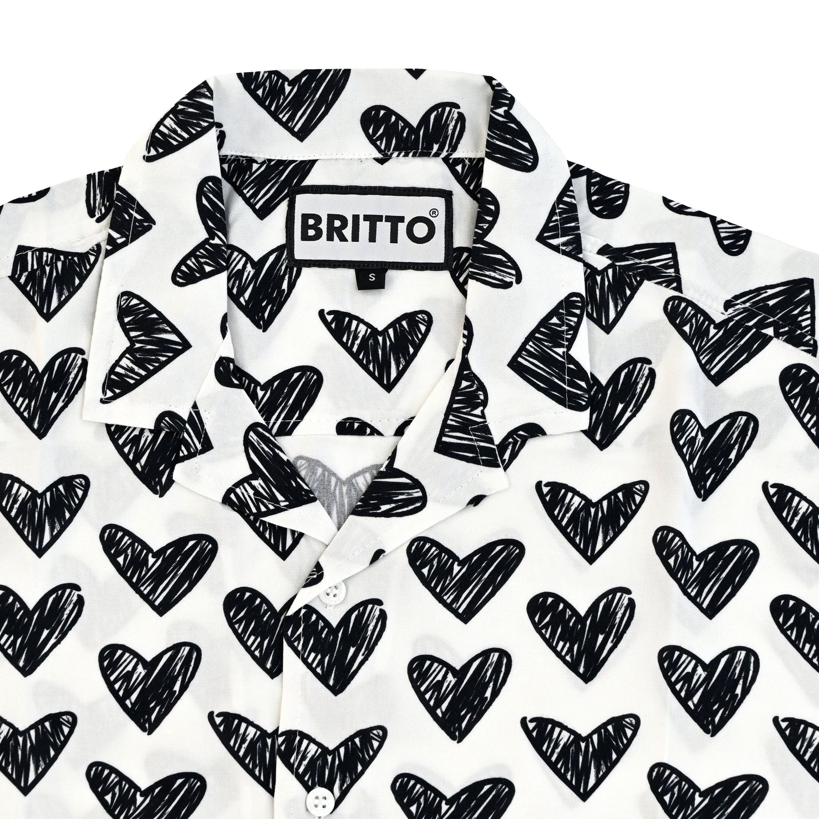 BRITTO® MEN'S SHORT SLEEVE BUTTON DOWN SHIRT - BLACK BRUSHSTROKE HEARTS