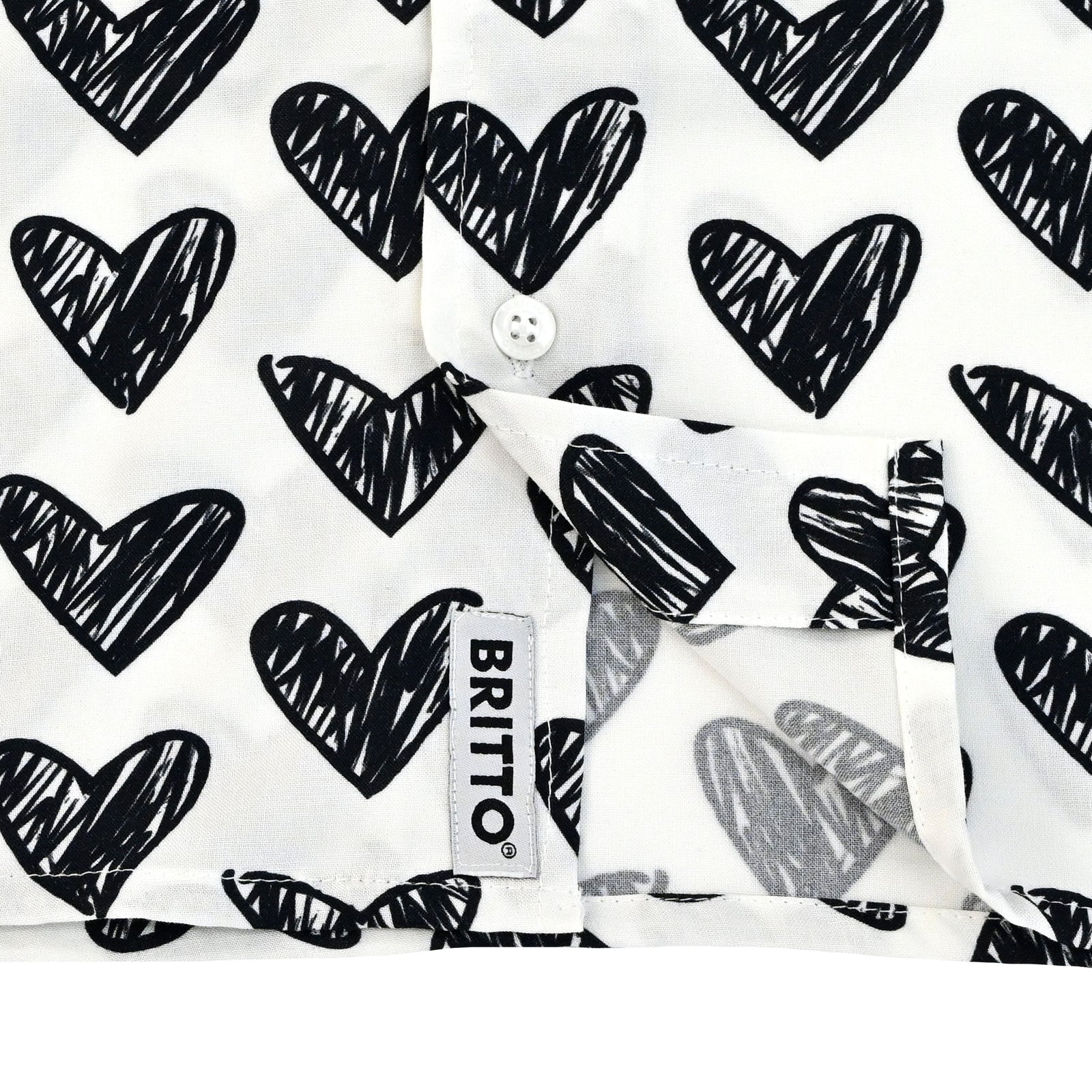 BRITTO® MEN'S SHORT SLEEVE BUTTON DOWN SHIRT - BLACK BRUSHSTROKE HEARTS