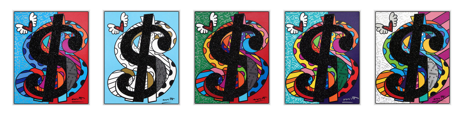 Romero Britto cream series master pentaptych limited contemporary pop art piece