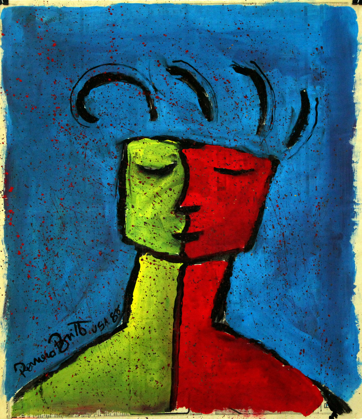 Romero Britto blue original vintage painting  colorful pop art design