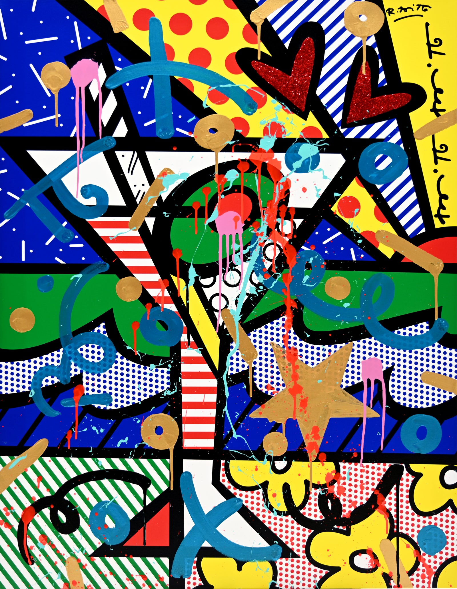 This image is a colorful, abstract artwork featuring a martini glass, hearts, and various geometric shapes. The background includes patterns like polka dots, stripes, and stars. Bright colors such as blue, green, yellow, red, and pink are used, with additional splashes of paint and dynamic shapes adding a lively touch to the art piece.  mixed media original Romero Britto art Pop Art flowers martini art