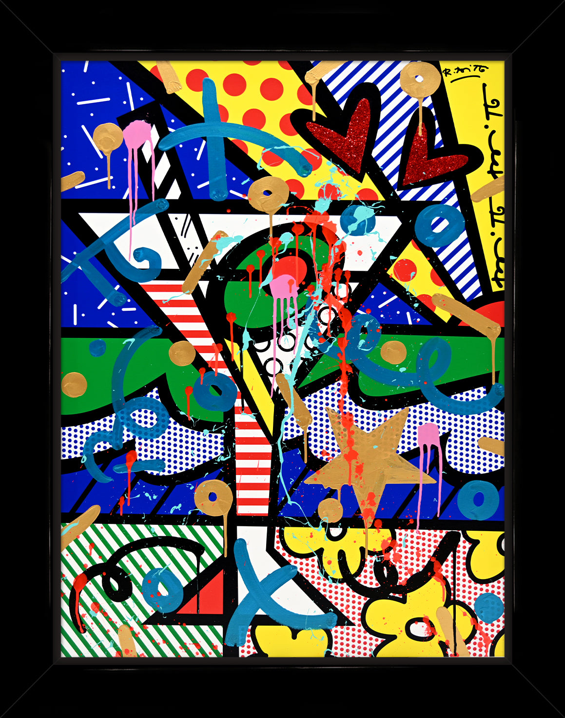 This image is a colorful, abstract artwork featuring a martini glass, hearts, and various geometric shapes. The background includes patterns like polka dots, stripes, and stars. Bright colors such as blue, green, yellow, red, and pink are used, with additional splashes of paint and dynamic shapes adding a lively touch to the art piece.  mixed media original Romero Britto art Pop Art flowers martini art
